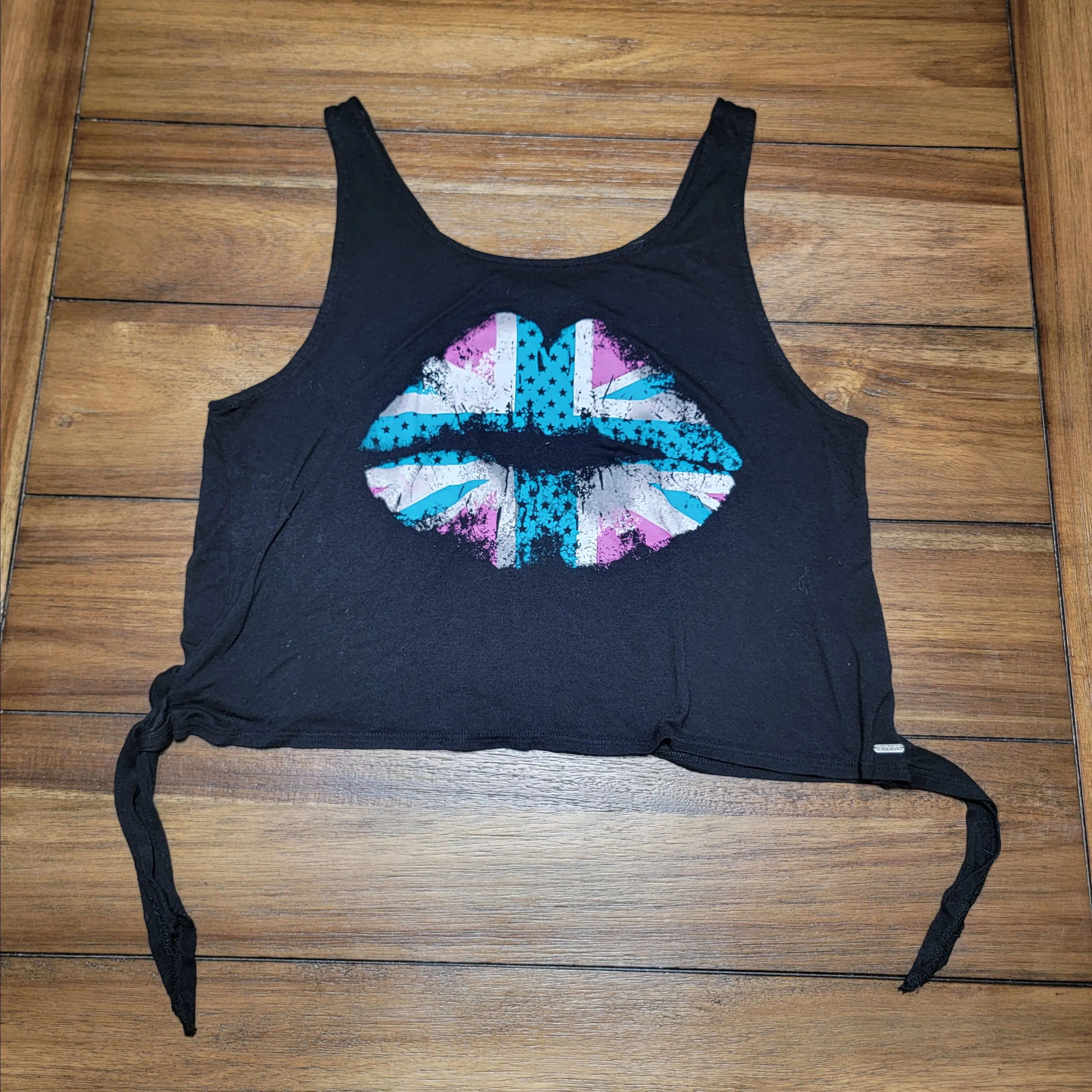 Product image for Garage Black Crop Tank Top Union Jack Lips - Size Medium (Junior)