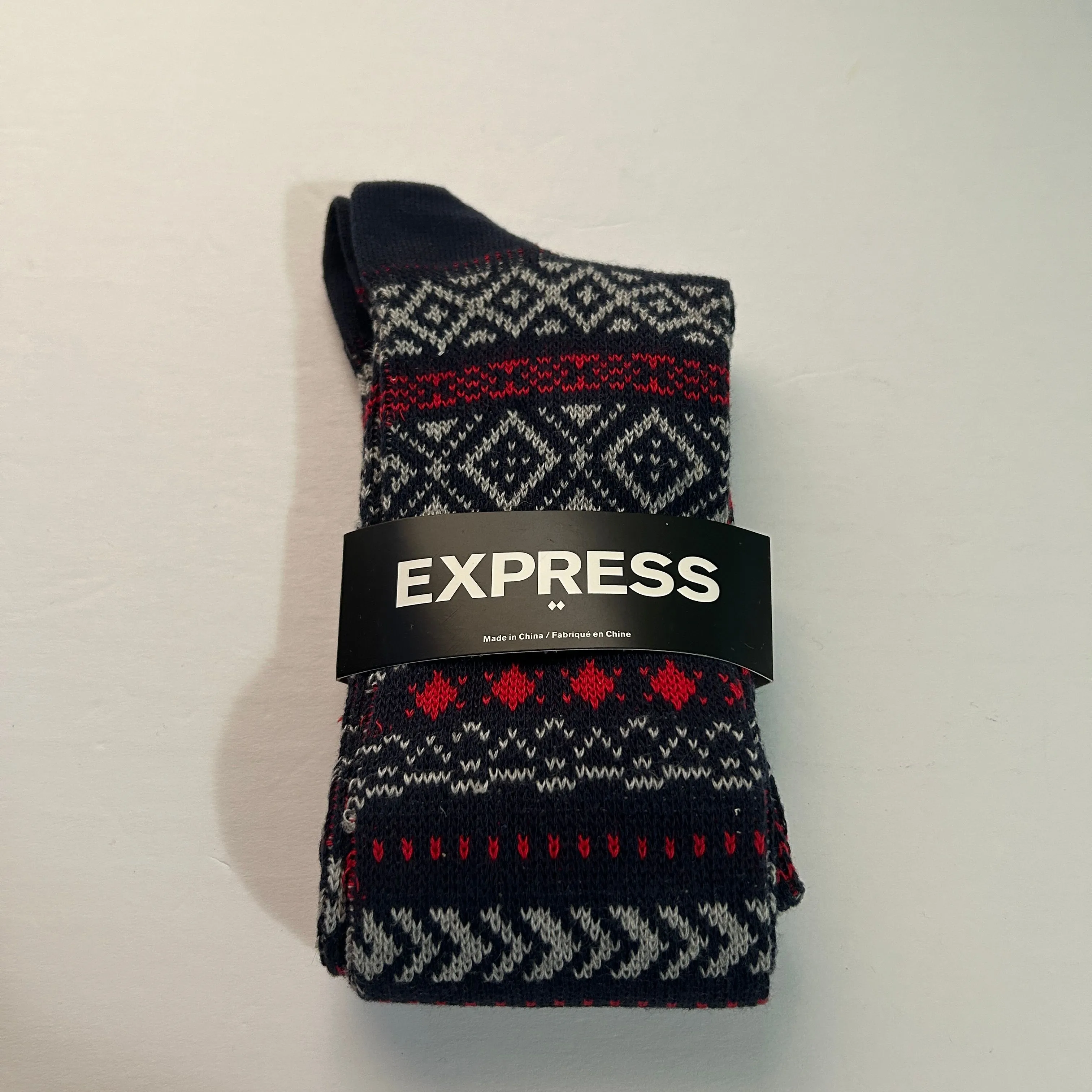 Product image for Express Dress Socks Crew Fair Isle Knit Red Blue Gray Cotton Blend Mens Sz 8-12