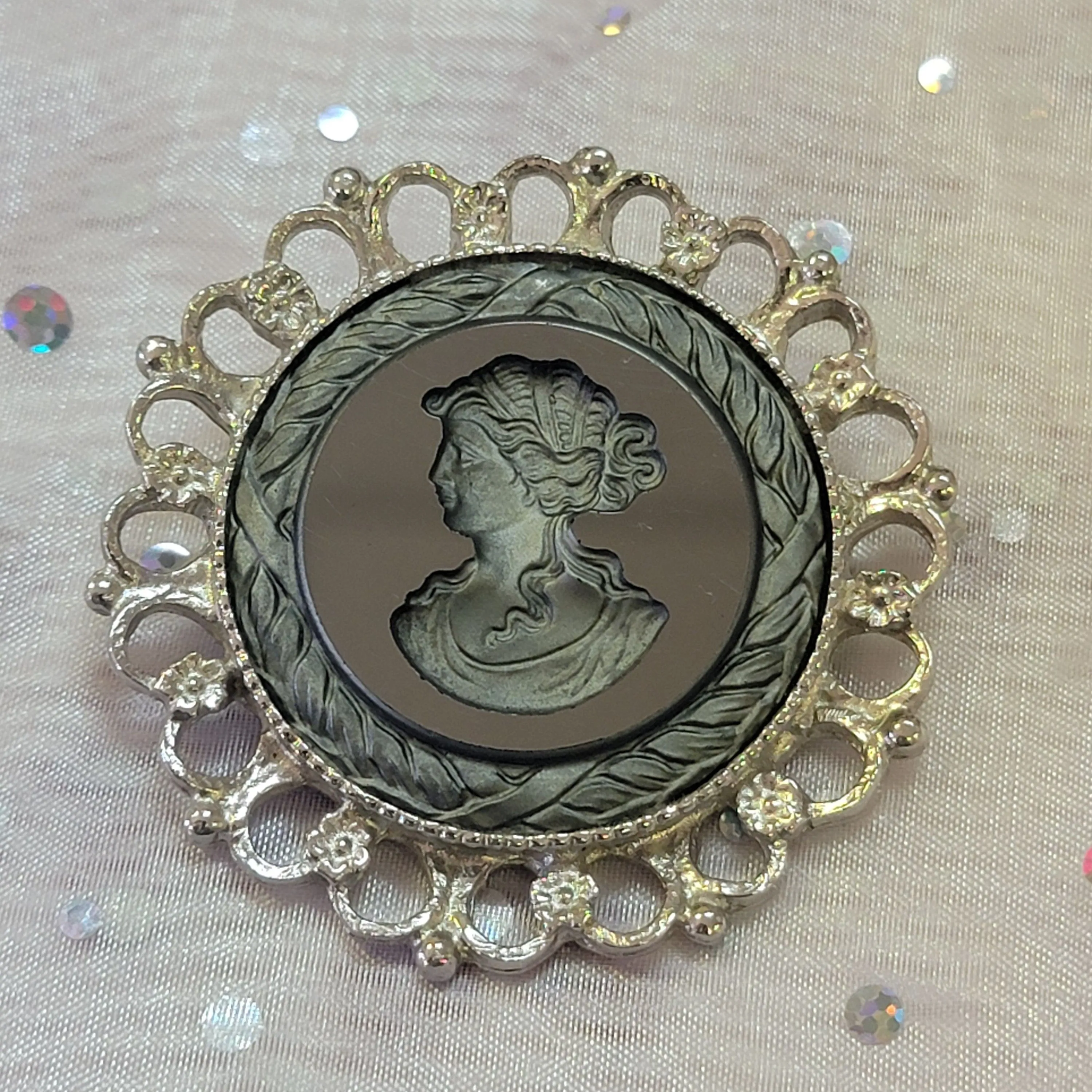 Product image for Vintage Whiting Davis Carved Hematite Intaglio Brooch Circa 1960