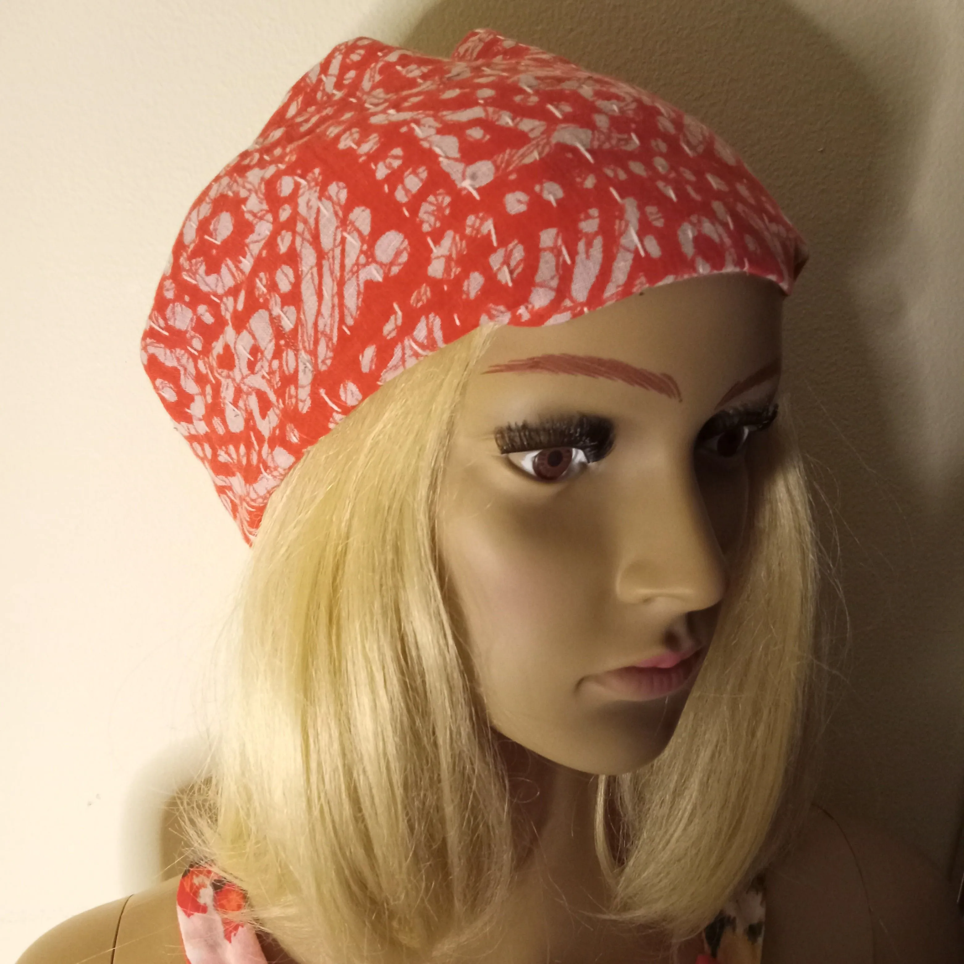 Product image for H29. Headband Kantha Cotton Wide Orange/white Boho Hippy Style
