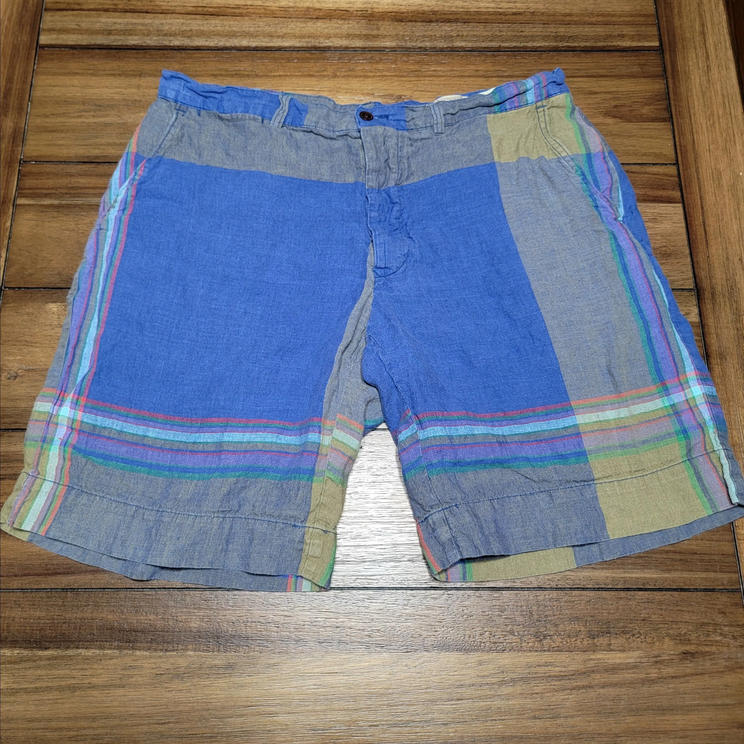 Product image for Authentic India Madras from Ralph Lauren 100% Linen Blue Grey Shorts - Size 36