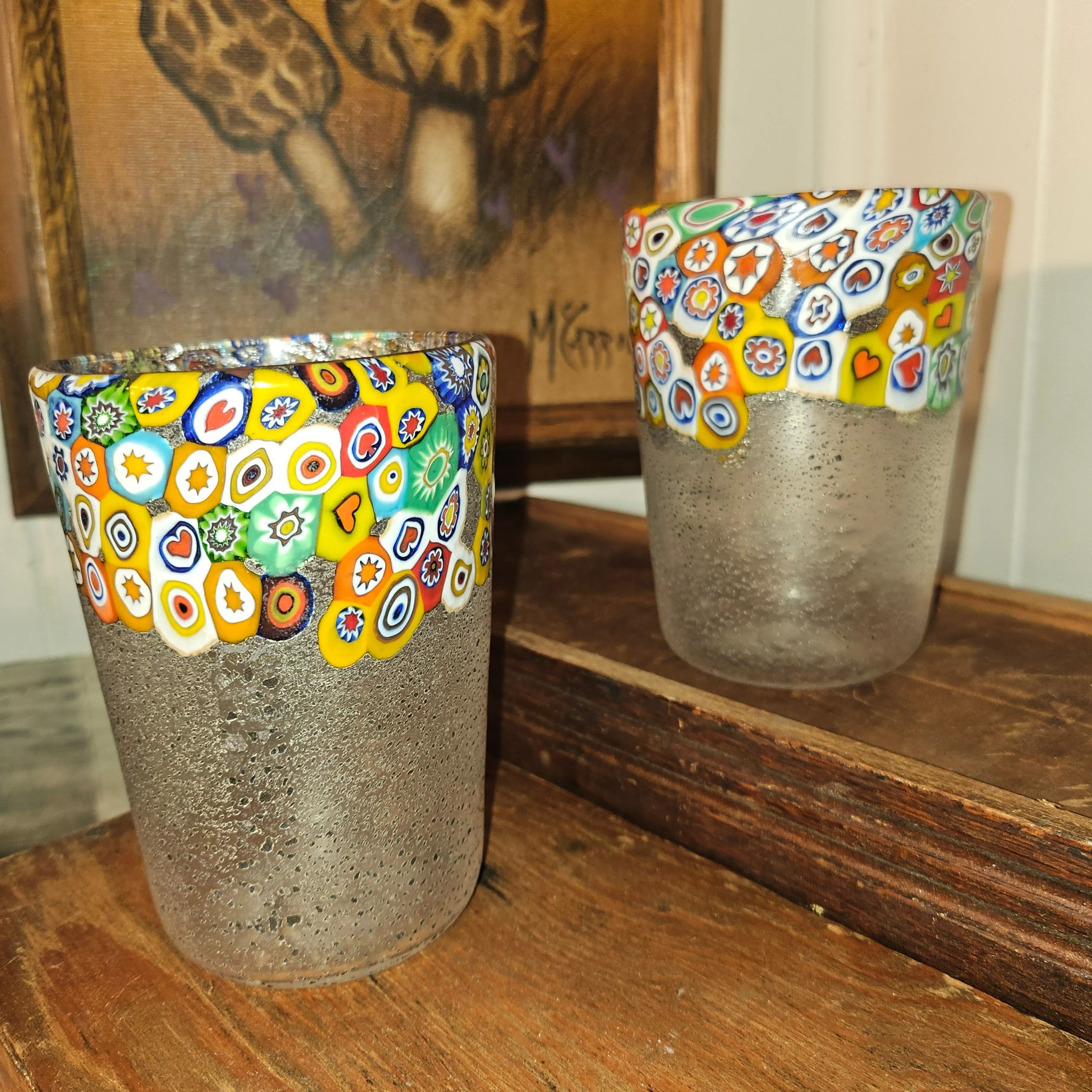 Product image for Very HTF MURANO Italy Venetian Glass Millefiori Murrine Silver Aventurine Fleck Tumblers set of 2 