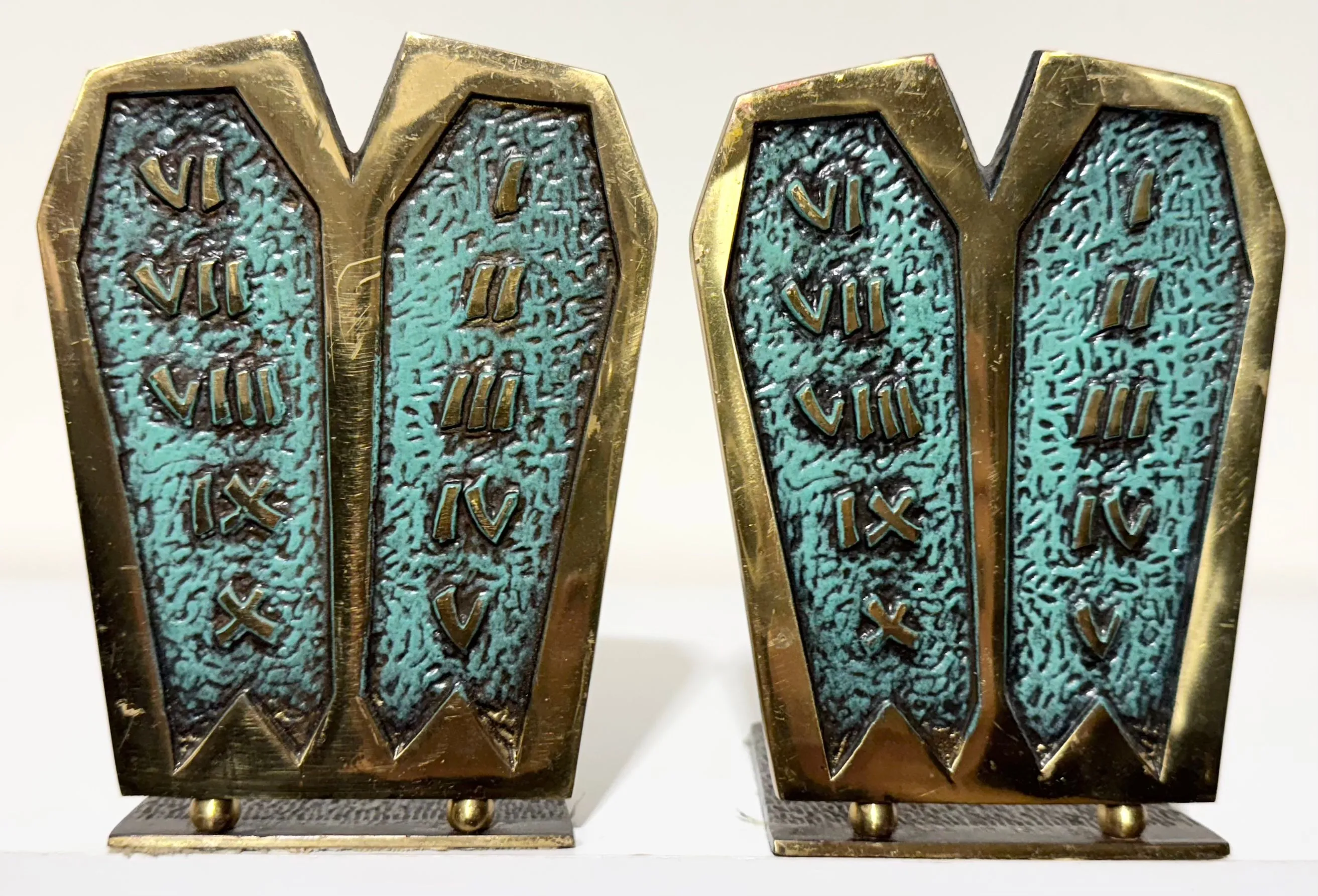 Product image for Vintage 10 Commandments SABRA Brass Book Ends 1960s VERDIGRIS Israel Religious