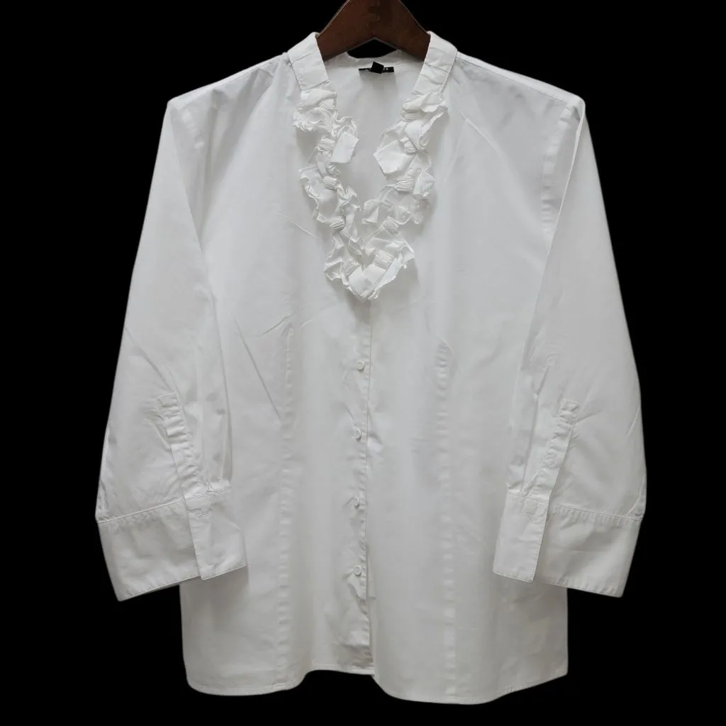 Product image for Talbots Women's Ruffle V-neck 3/4 Sleeves Fitted Button-Up Shirt Size 16