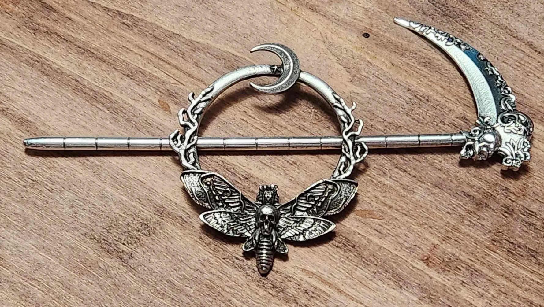 Product image for Silver Moth, Moon, Scythe Nordic Hair Pin  