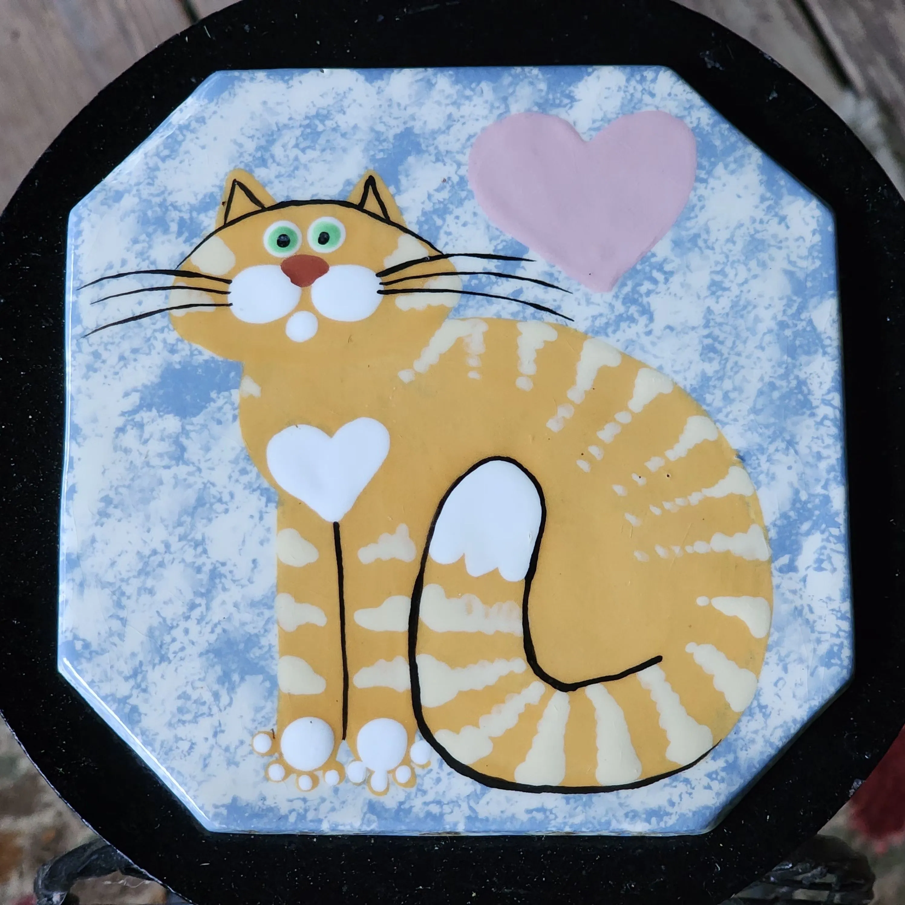 Product image for Cat Orange Tabby Decorative Octagon Tile Handpainted *some chips on backside