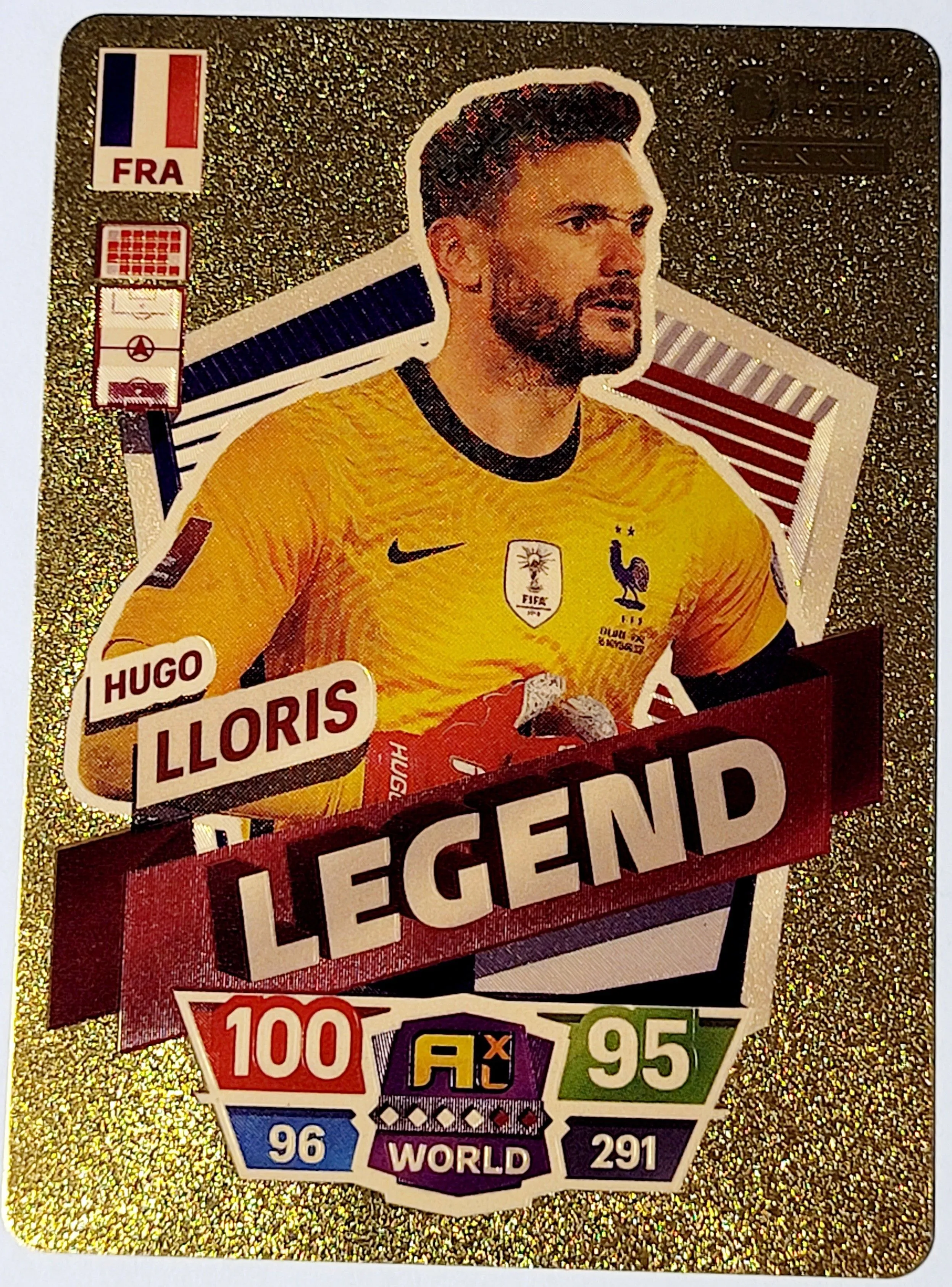 Product image for 2022 Hugo Lloris Panini World Soccer Stars Legend France Plastic GoldColor Card Near Mint Condition.