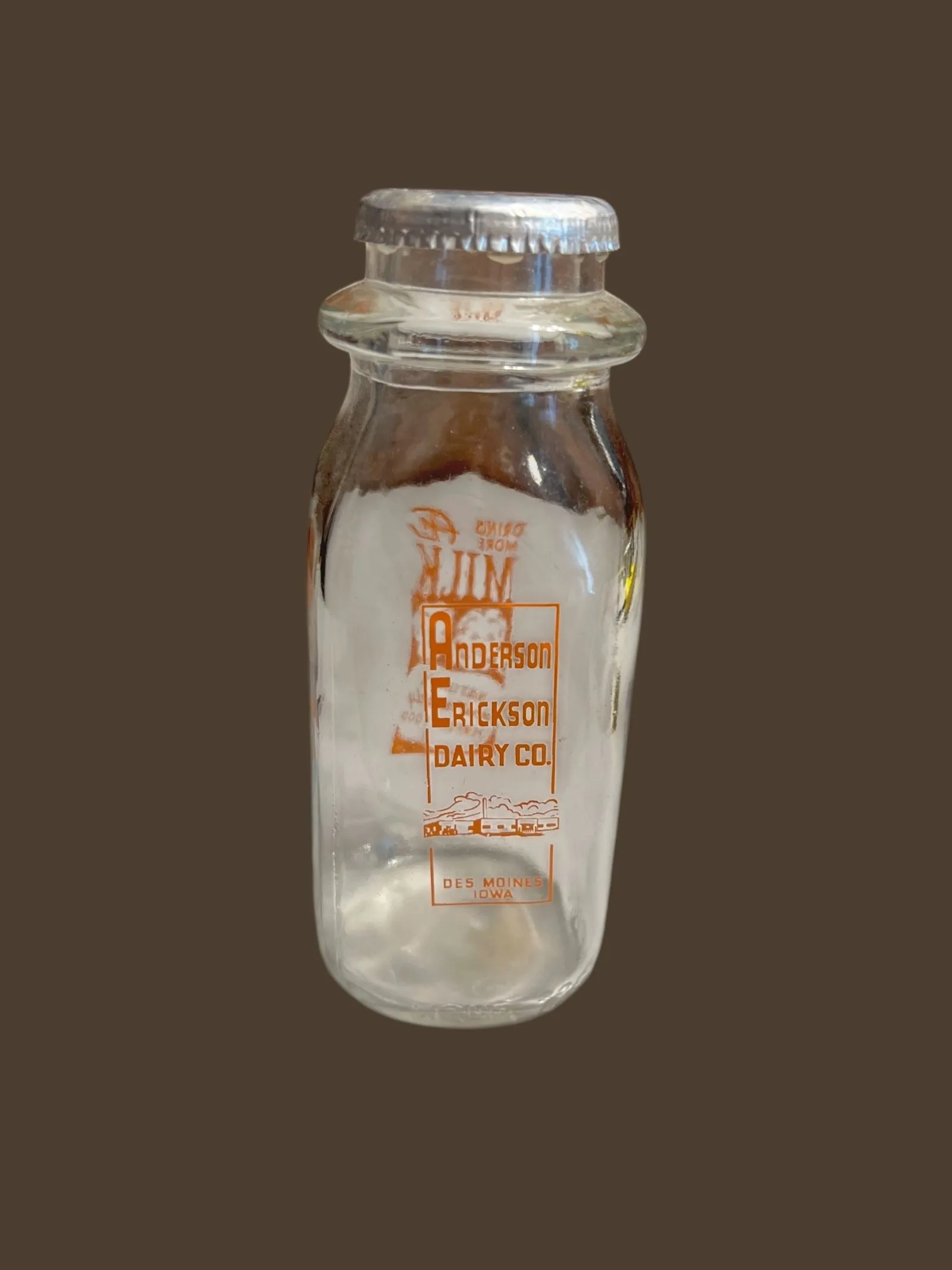 Product image for 222 19 65/2 pint milk bottle with straw lid Anderson Erickson dairy Company, Des Moines, Iowa