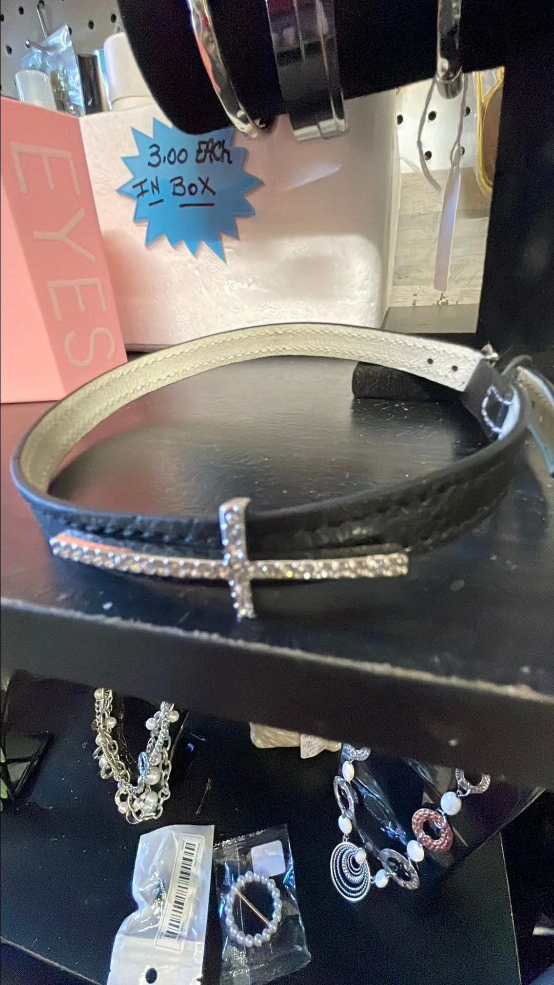 Product image for Black Choker Necklace w/ Silver  Rinestones cross