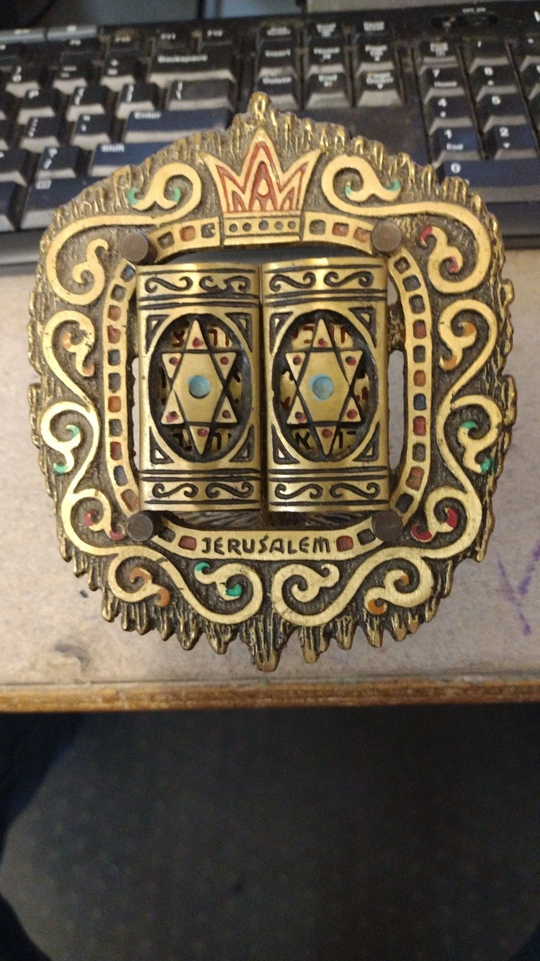 Product image for B1 - Vintage Judaica Brass Free Standing Ten Commandments in Hebrew--Wainberg Isreal