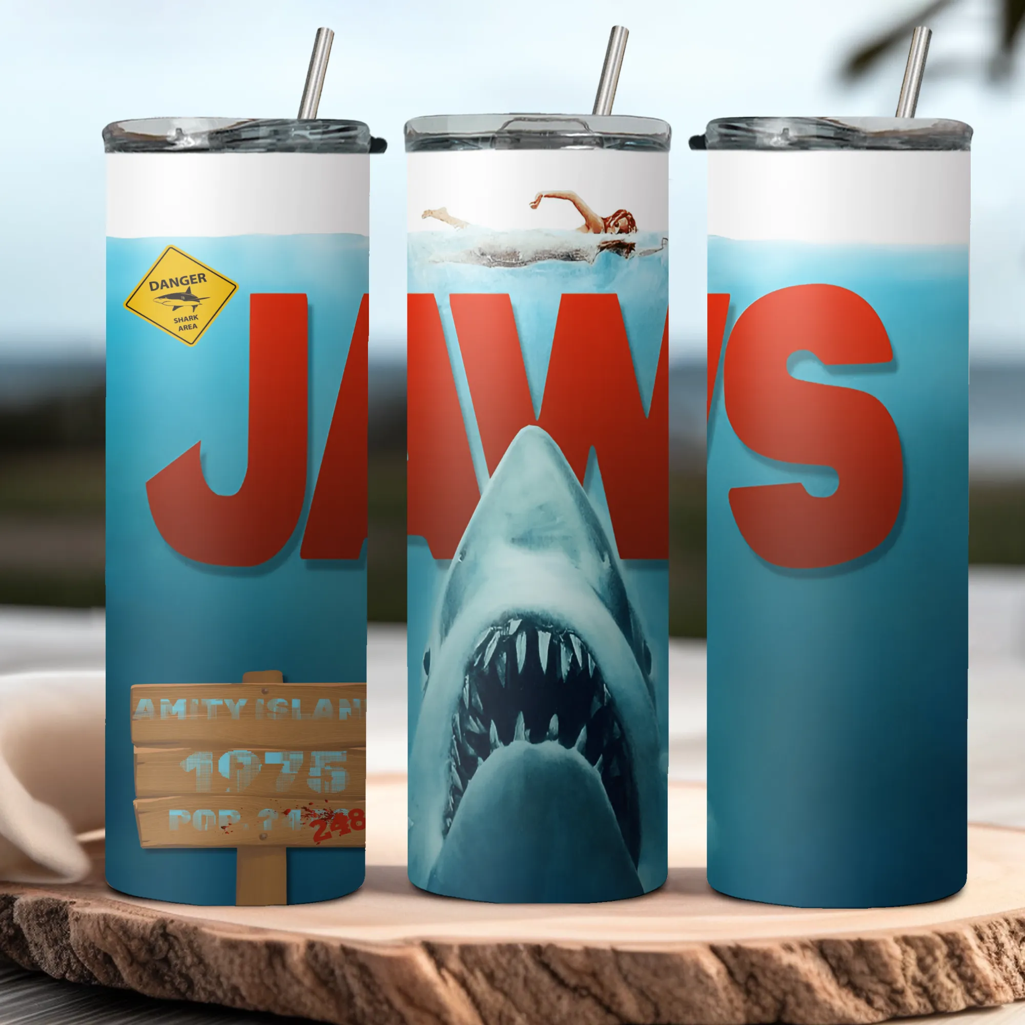 Product image for JAWS 50th anniversary 20oz stainless steel tumbler with lid and straw