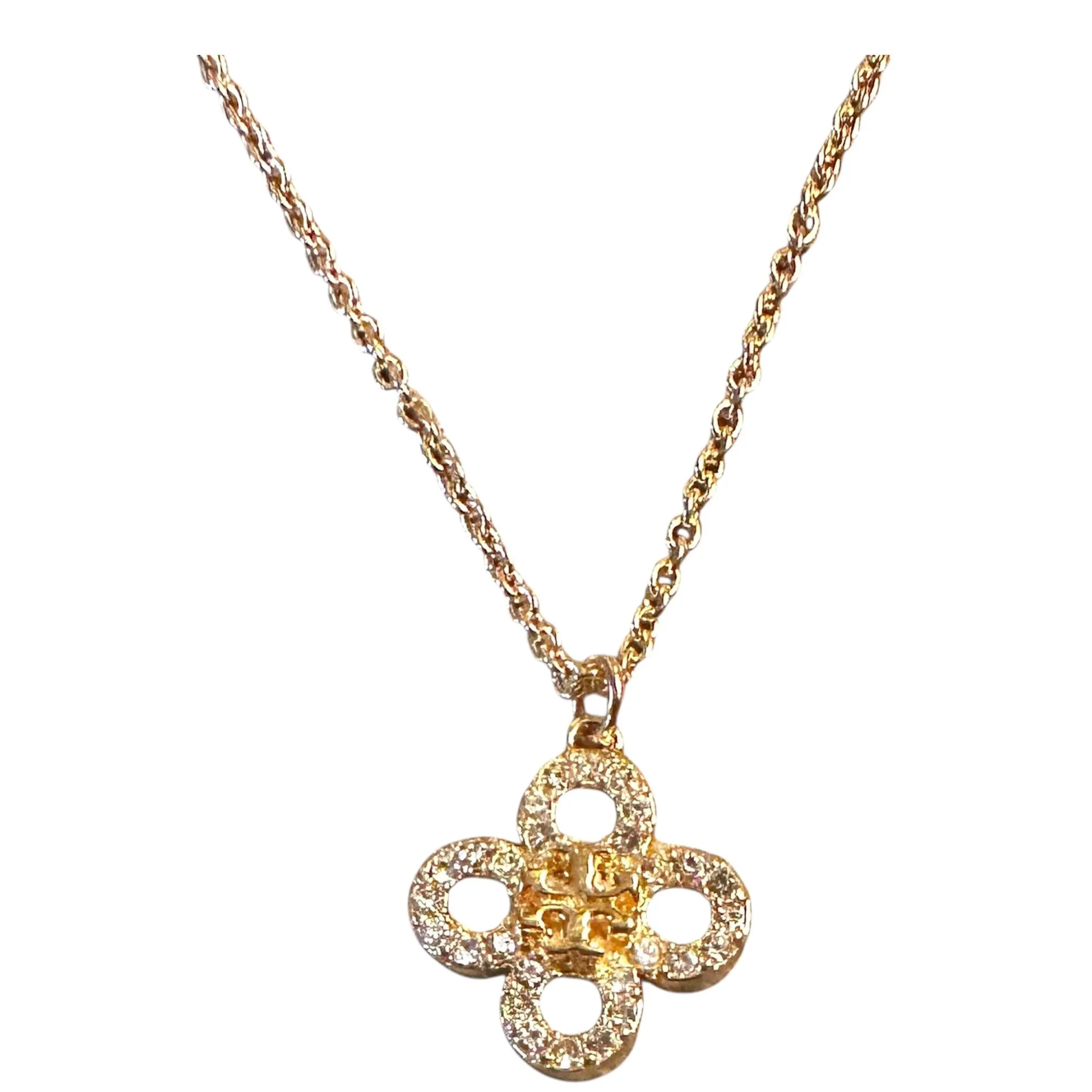 Product image for New Tory Burch Kira Clover Pave Pendant Necklace in Gold.