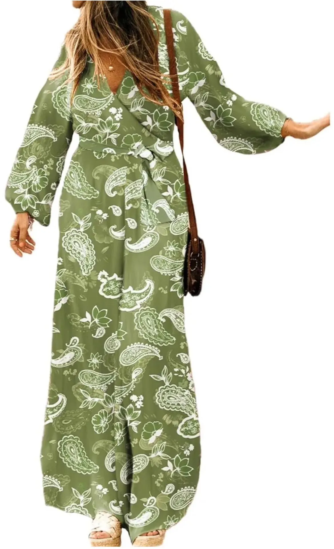 Product image for Women's Floral Print Deep V Neck Romper Long Sleeve Green Paisley W/belt Medium