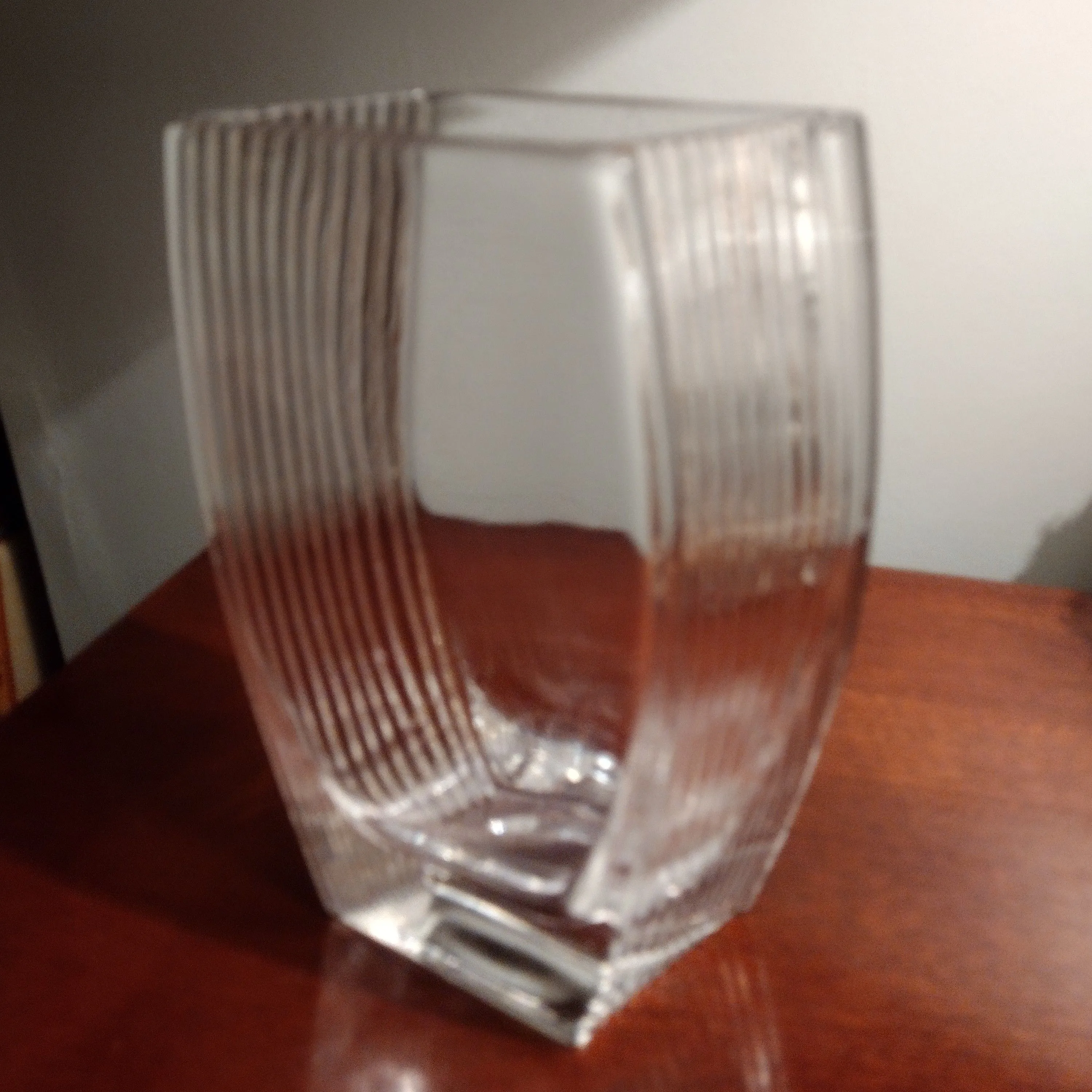 Product image for vintage heavy crystal vase rhomboid shaped with grooved lines up both sides 8”H