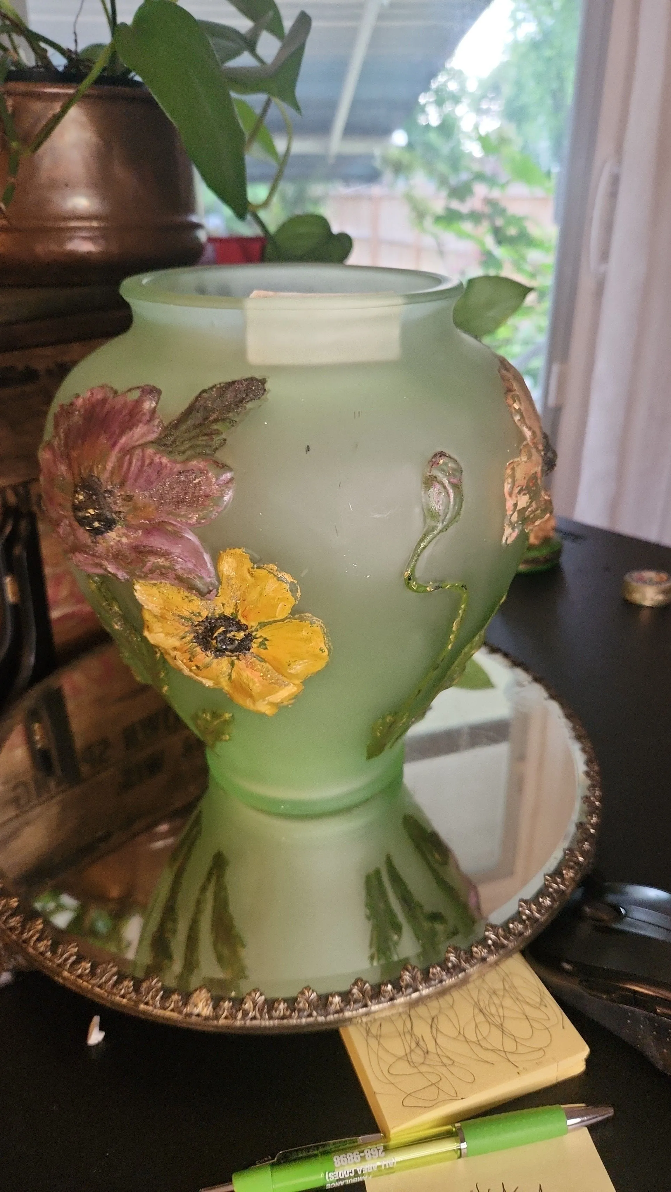 Product image for Tiffin Poppy Satin Vaseline Vase Uranium Glass