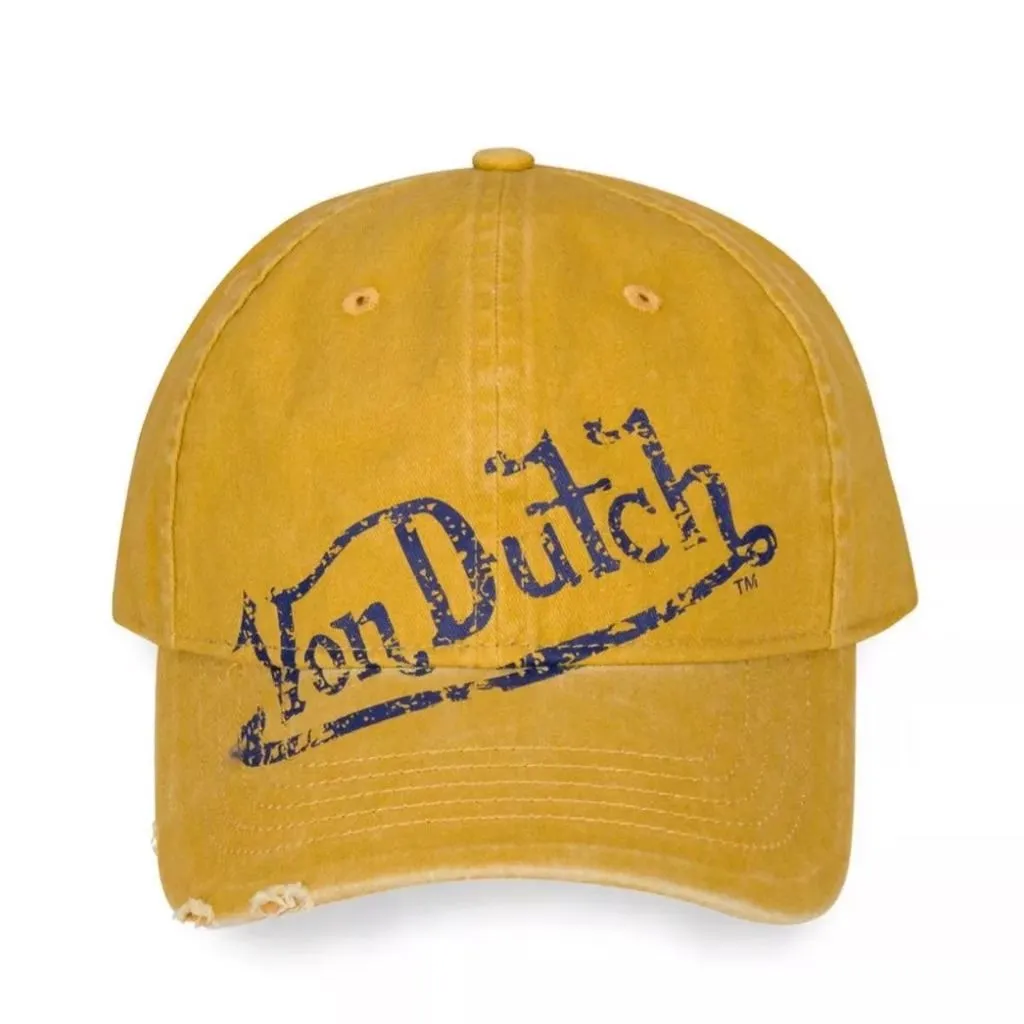 Product image for Mustard/Navy Distressed Denim Von Dutch Dad Hat