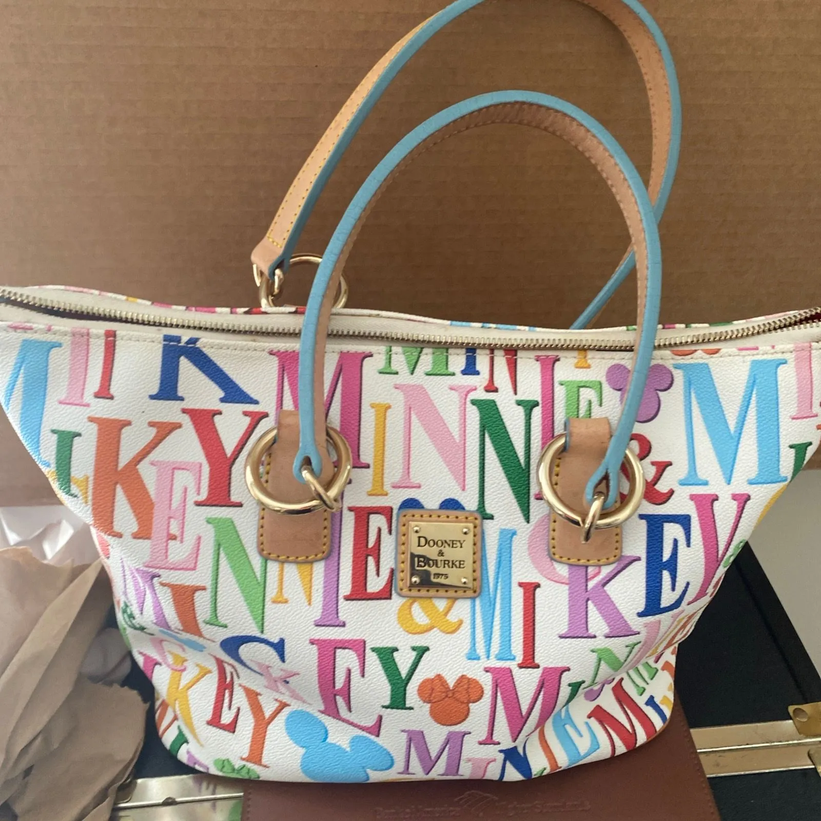 Product image for Disney Dooney & Bourke Mickey Rainbow Names Letters Tote Handbag Purse- Rare