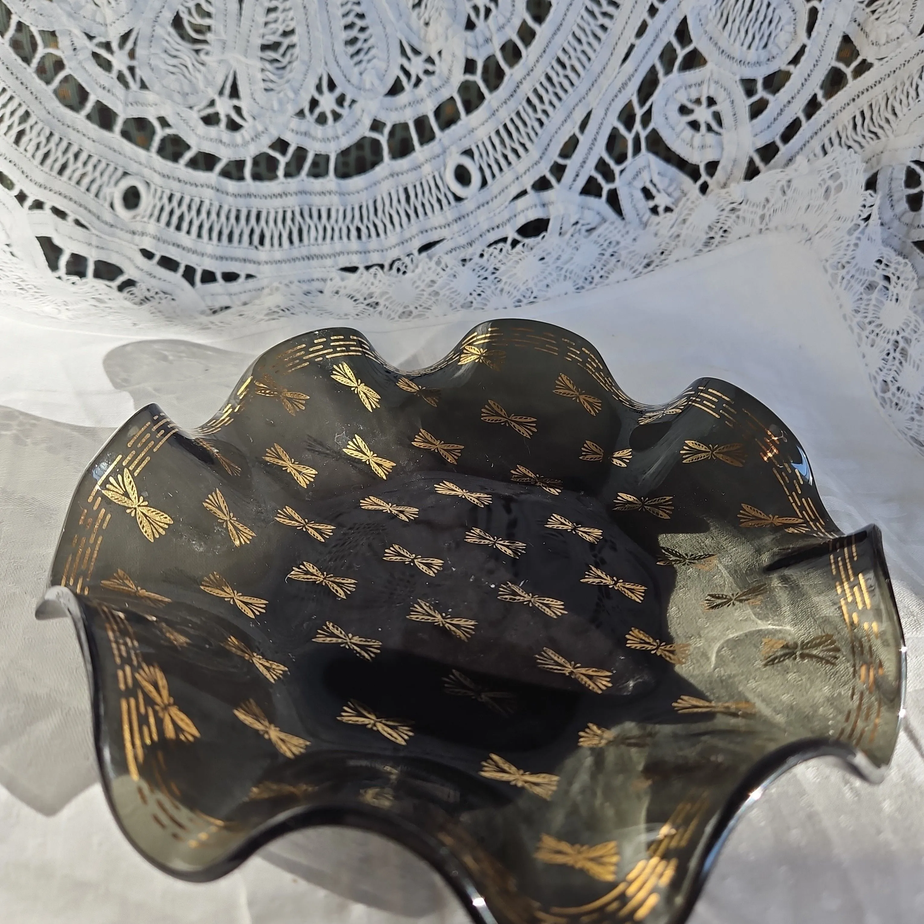 Product image for 1960s Houze glass black smoke glass and gold ruffled trinket dish