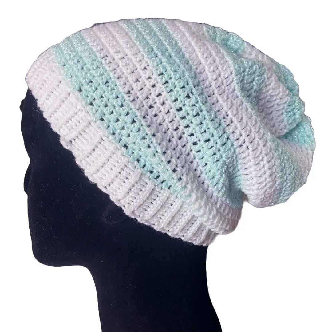Product image for Hat Beanie Handmade Pastel Green White Stripes Slouchy Halloween Fall Autumn