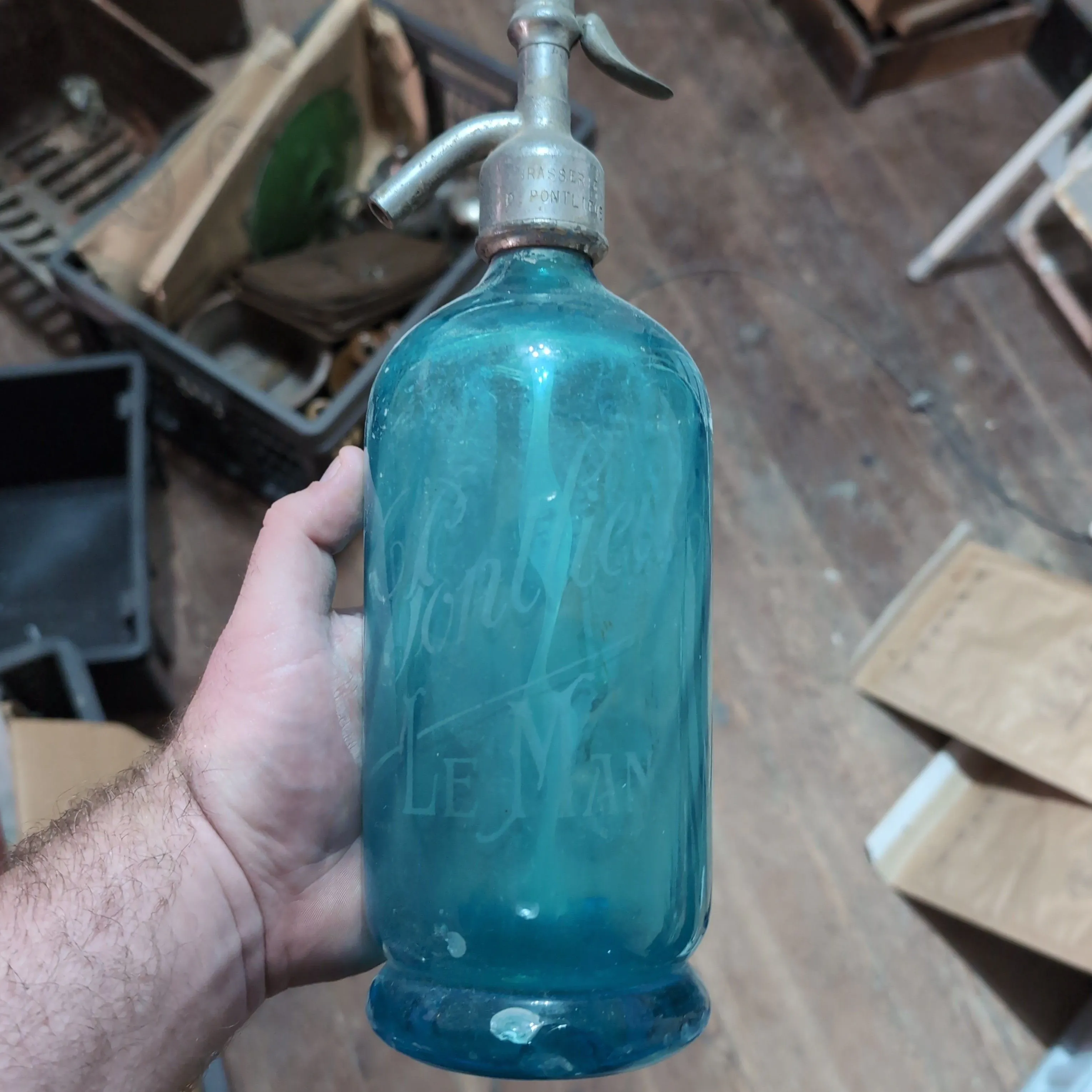 Product image for Antique french soda fountain seltzer bottle uranium glass blue twisted Le Mans