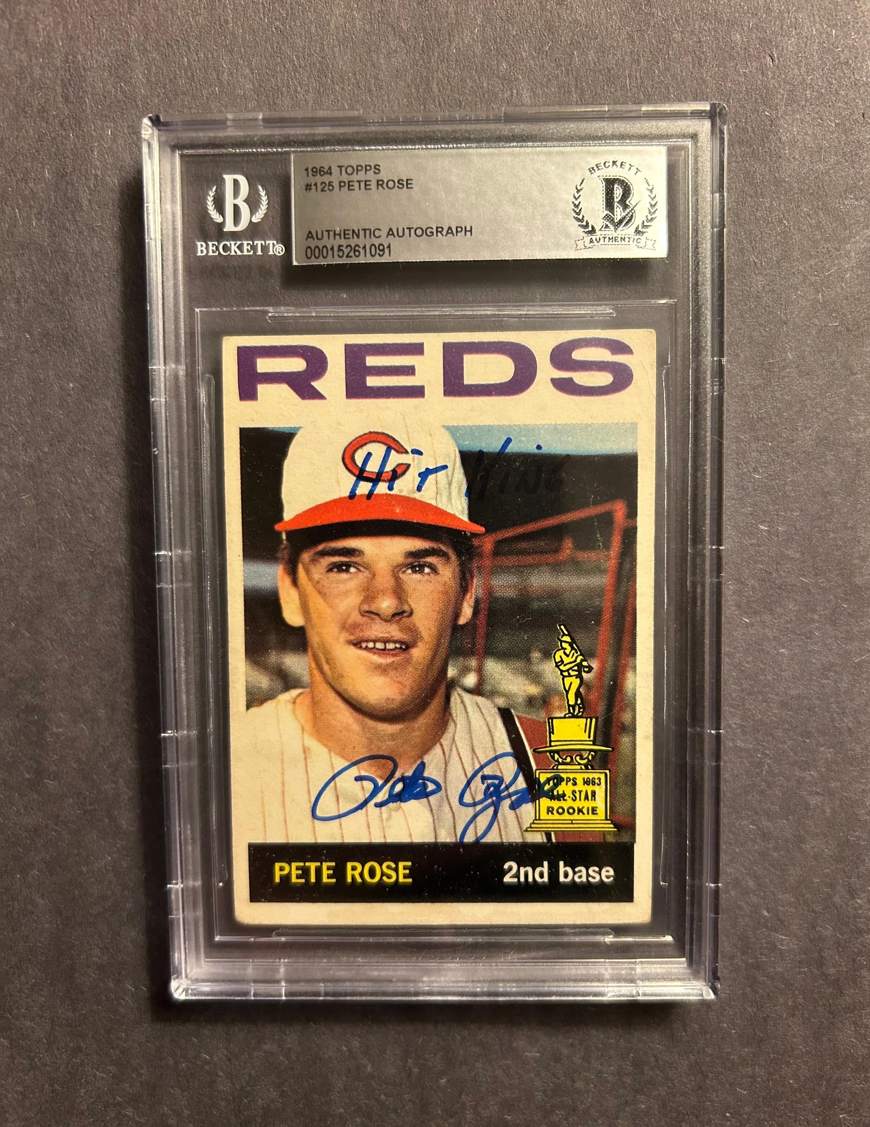 Product image for 1964 Topps #125 Pete Rose rookie cup with on card auto & "HIt King" inscription