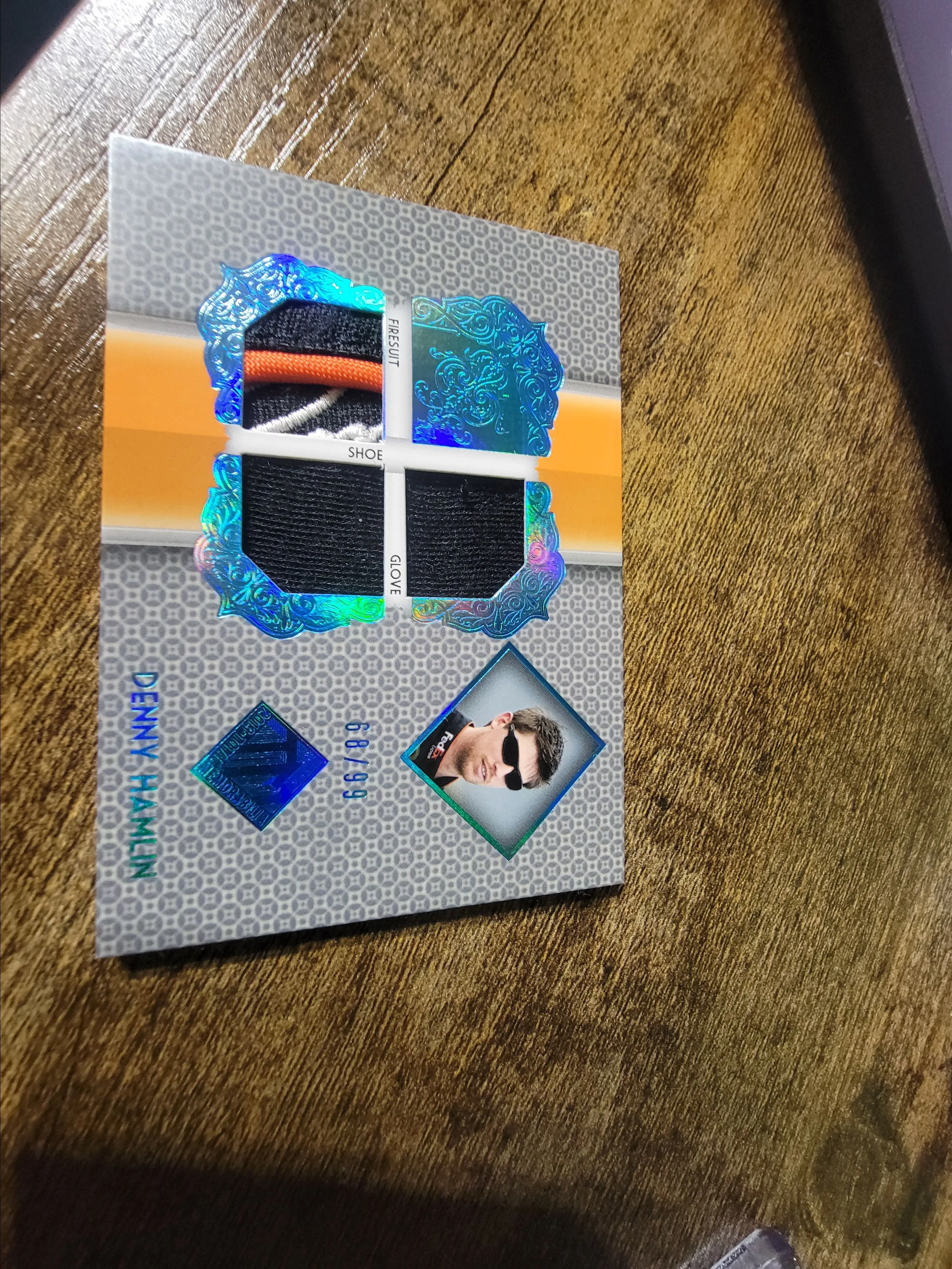 Product image for 2013 Press Pass Denny Hamlin triple relic FIRESUIT, GLOVE, SHOE /99