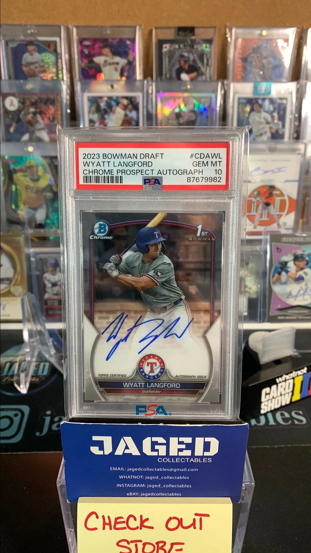 Product image for 2023 Bowman Draft Chrome Prospect Autograph Wyatt Langford CDAWL  PSA GEM MT 10
