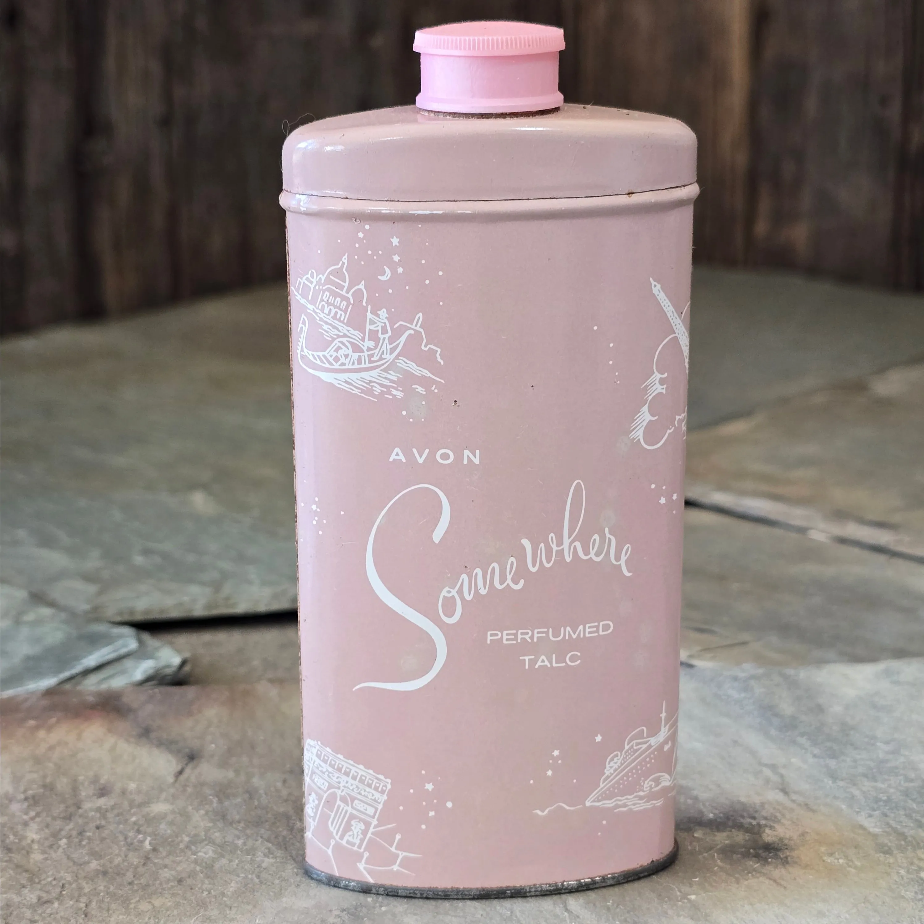 Product image for Vintage Mid-Century Avon Somewhere Perfumed Talc Advertising Powder Tin Can Full (WN-26)