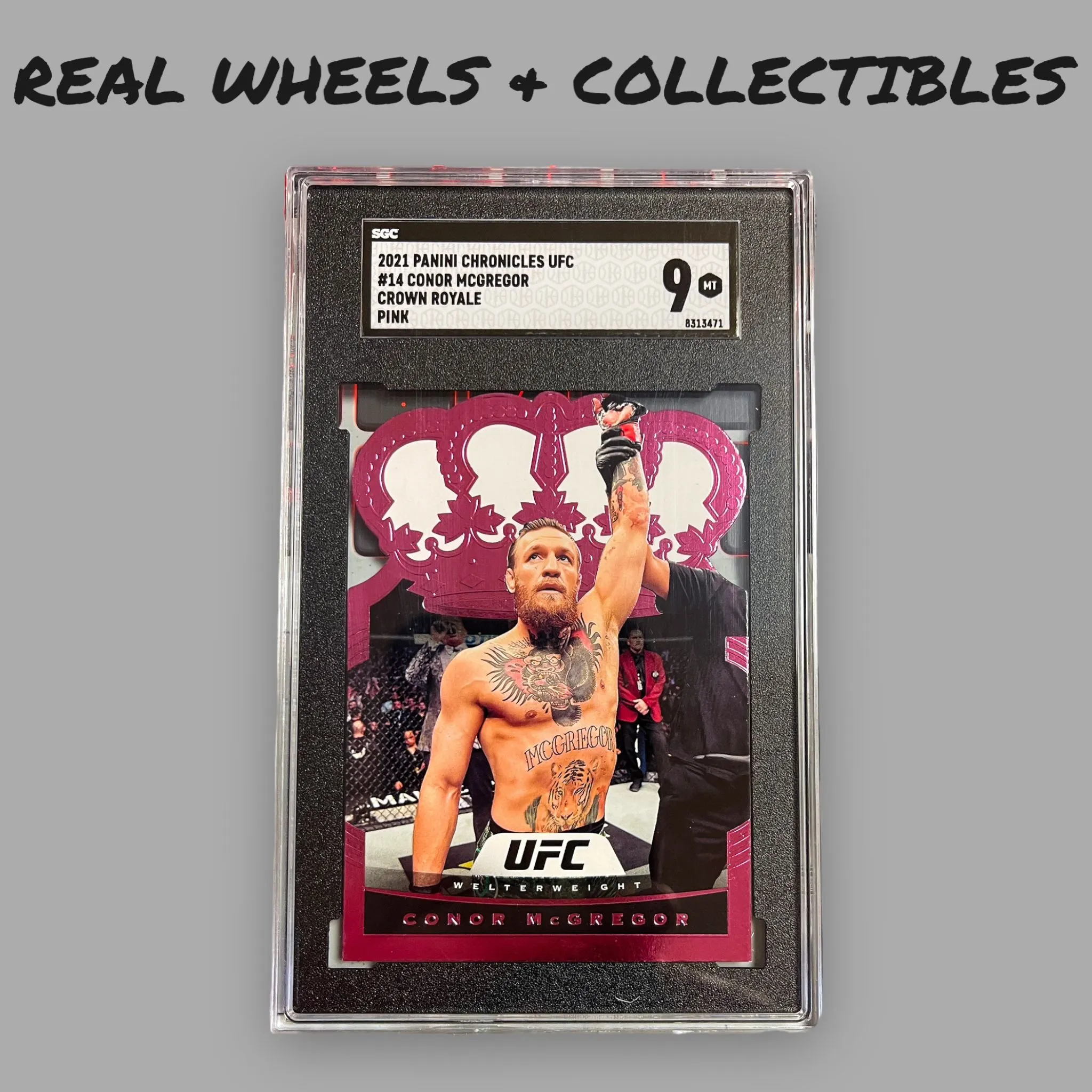 Product image for Conor McGregor Pink Crown Royale Die-Cut 2021 Chronicles UFC #14 SGC 9 POP 1