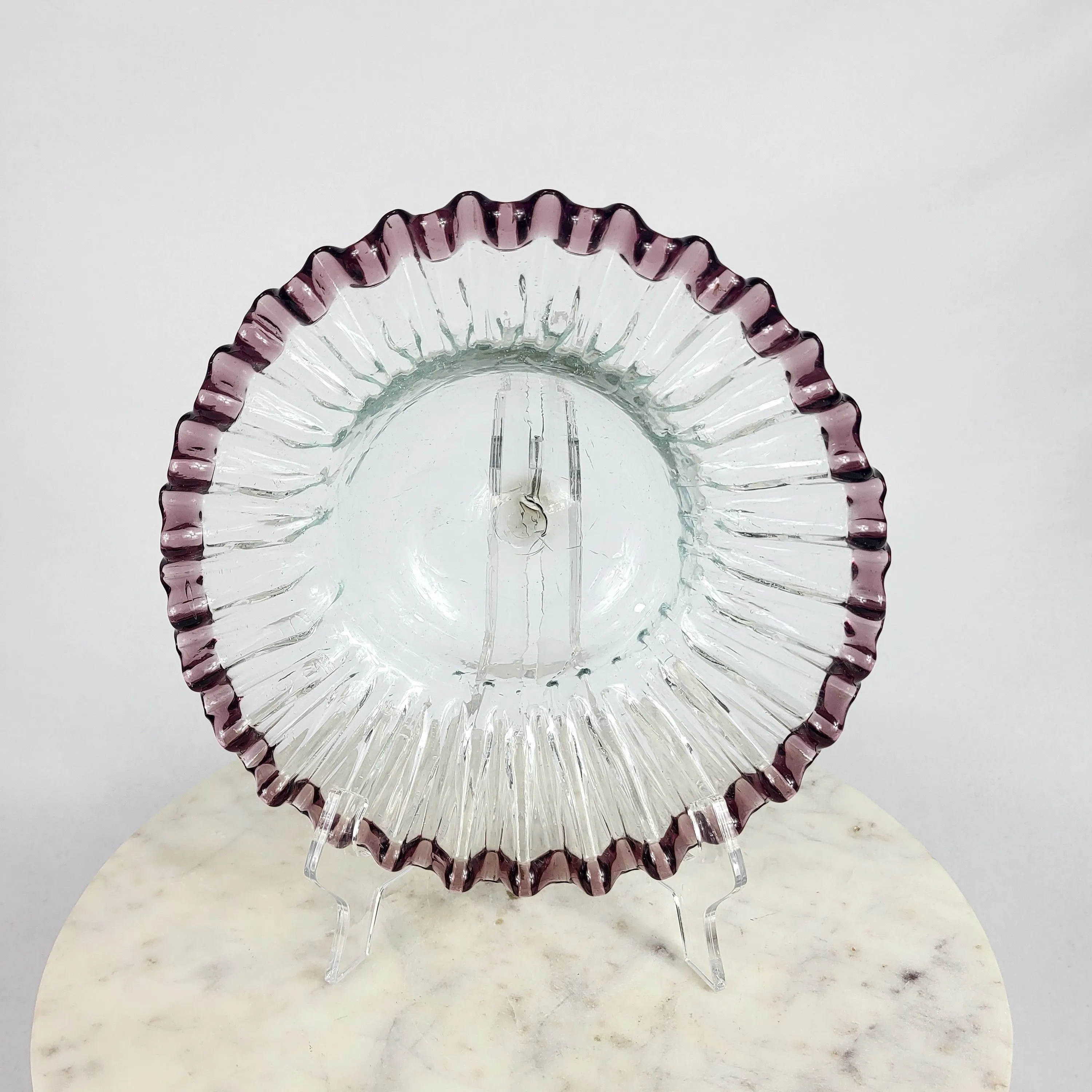 Product image for #738 Blenko Glass 1950's Amethyst Rim Crackle Ruffled Bowl