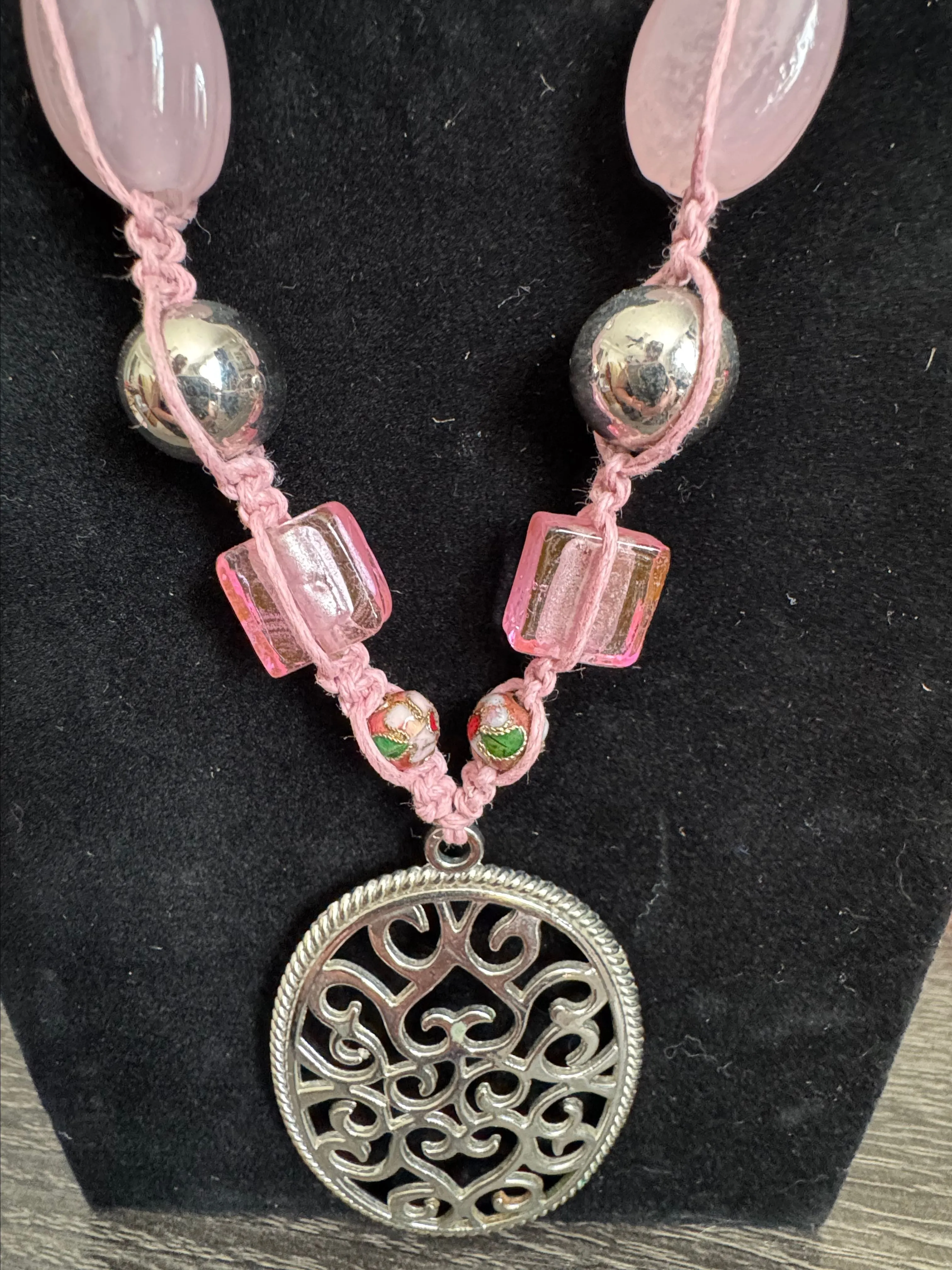 Product image for Handcrafted Pink Hemp Necklace 22 in pink glass and cloisonné
