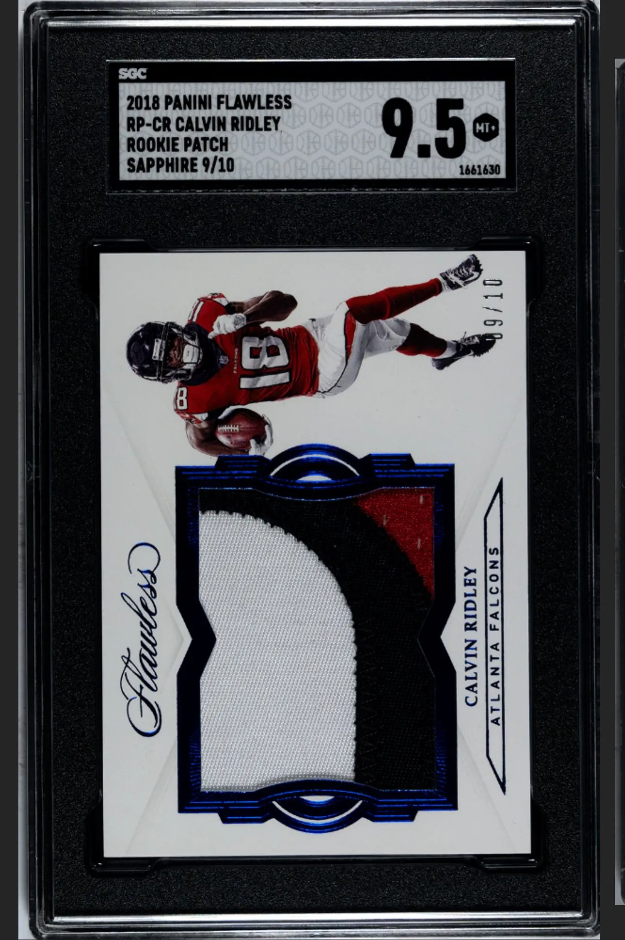 Product image for 2018 Panini Flawless Calvin Ridley /10 Rookie Patch Sapphire SGC 9.5
