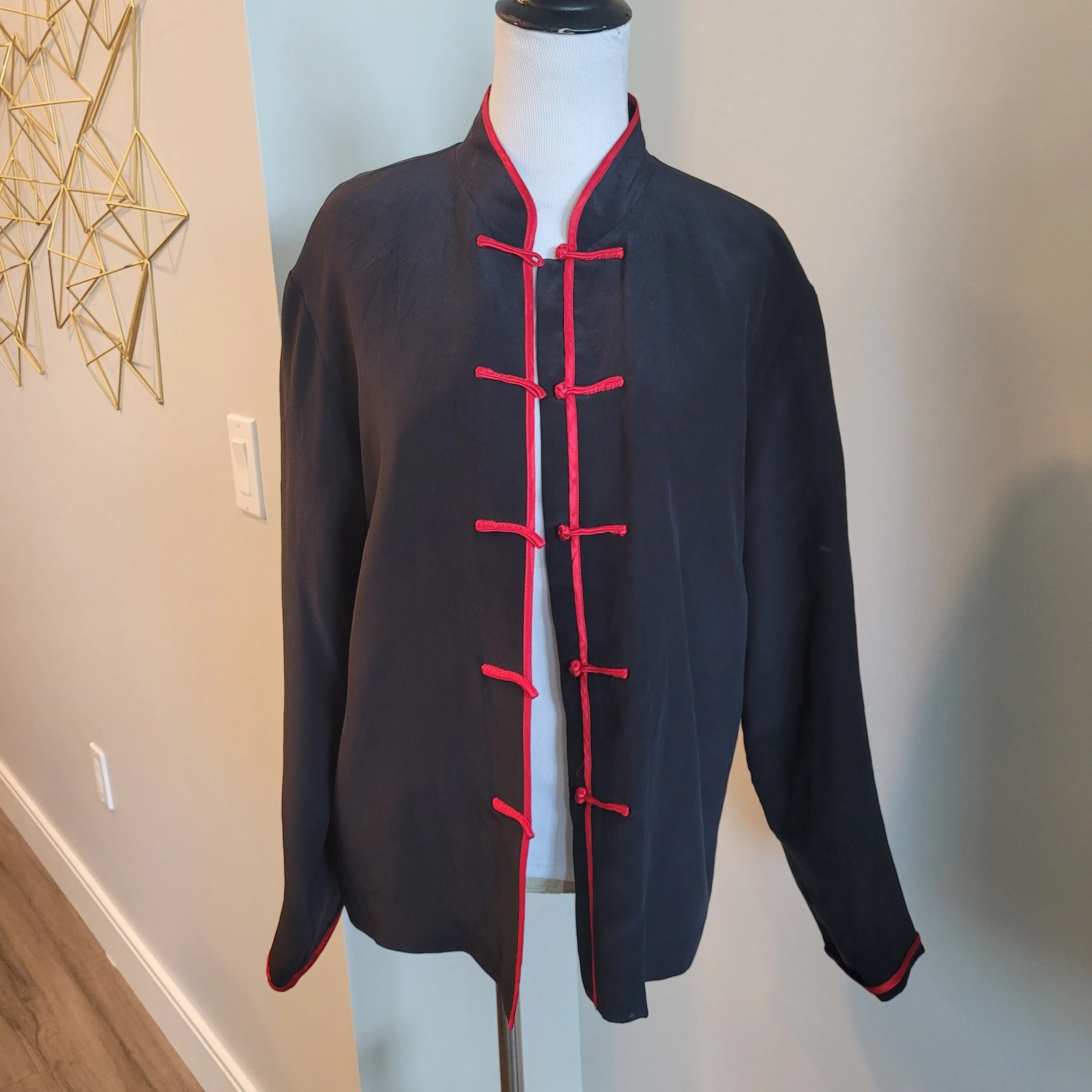 Product image for 90s Silk Blouse Mandarin Top Shirt Blouse Black Red