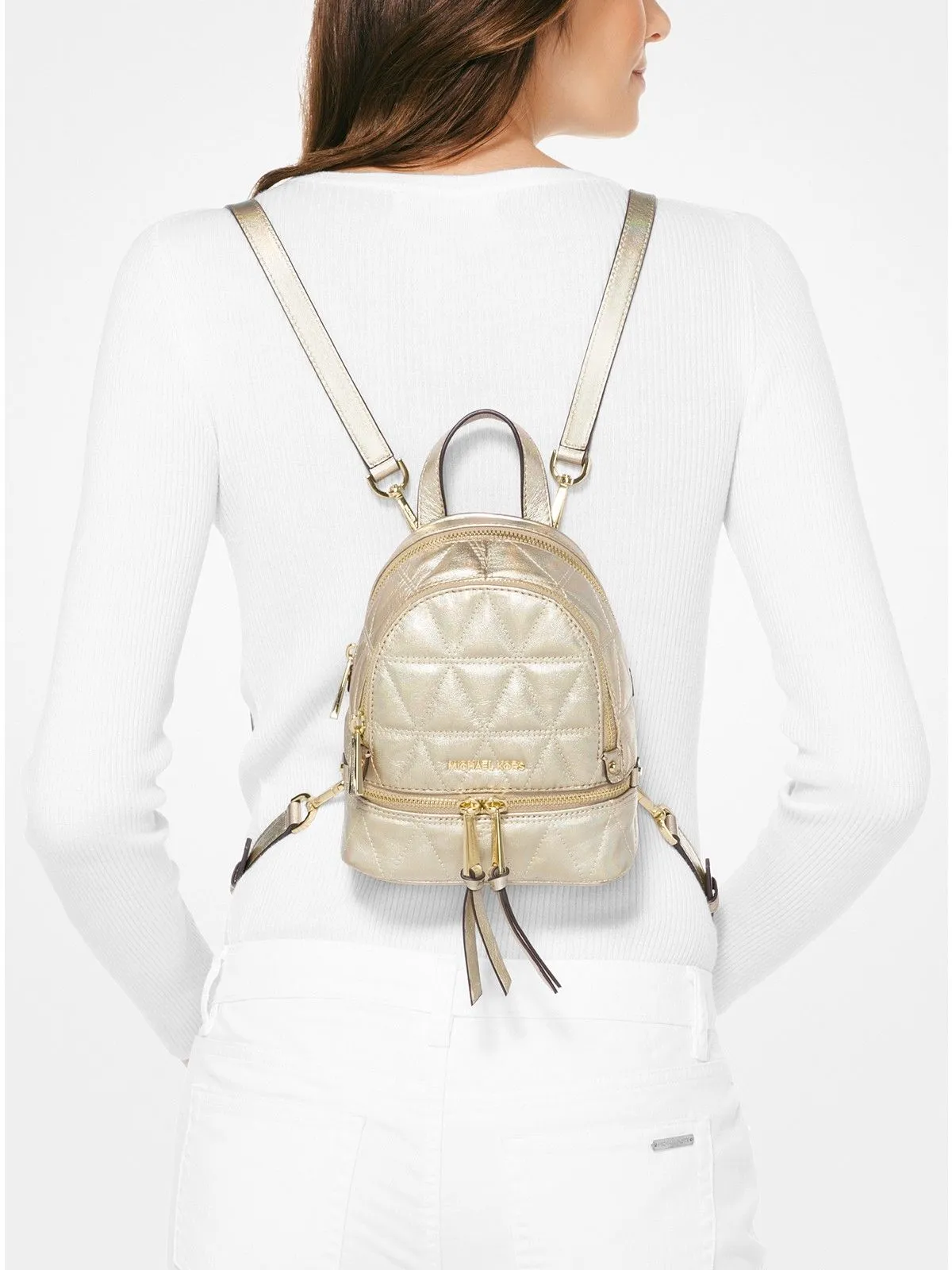 Product image for MICHAEL KORS Rhea Quilted Leather Mini Backpack In Gold metallic