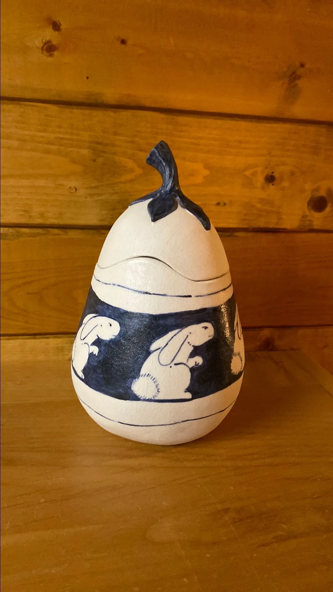 Product image for Dark Blue & White Ceramic Pear w/ Rabbits