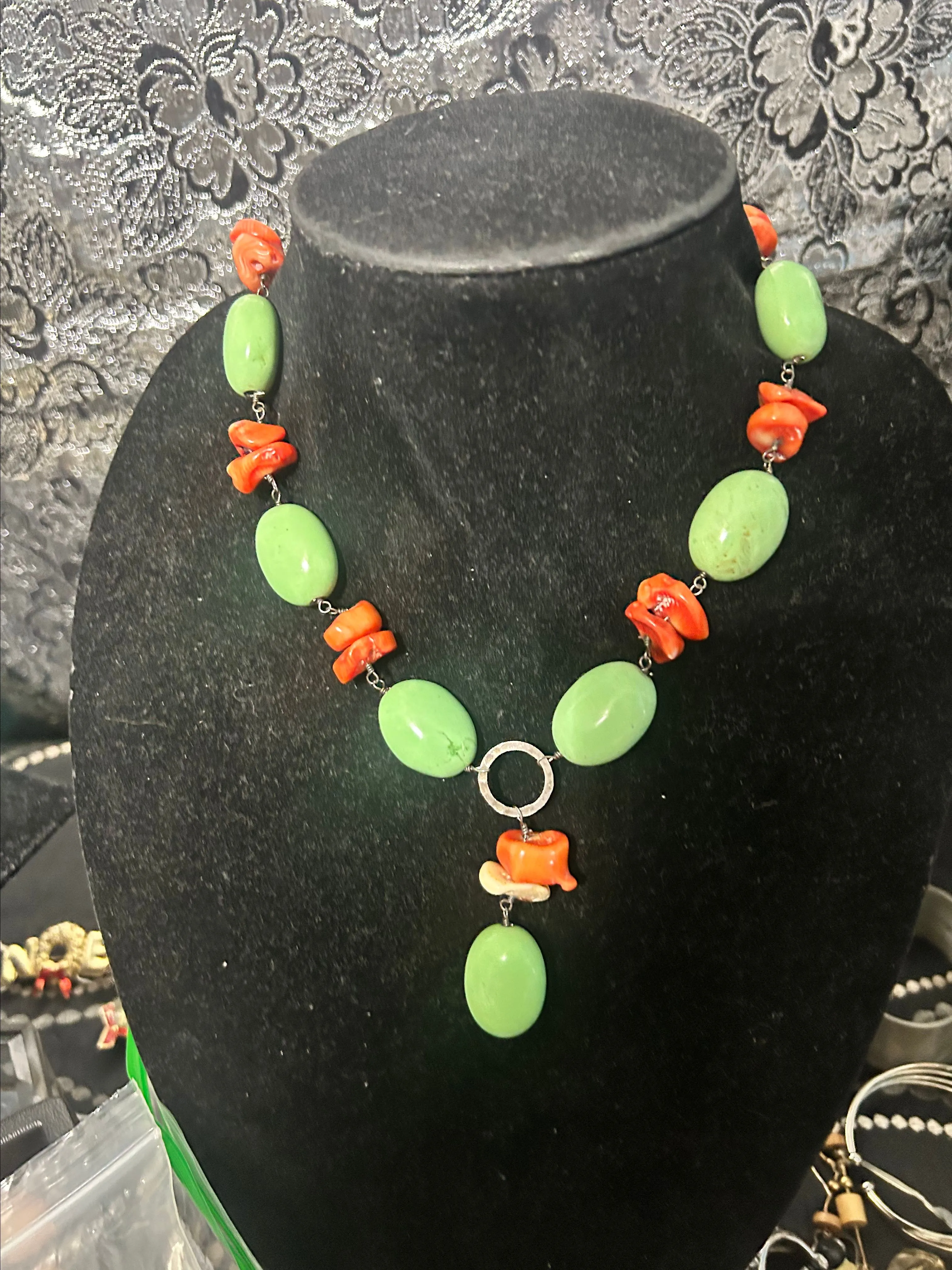 Product image for #2  925 Sterling Silver w/Bright green turquoise & orange coral necklace