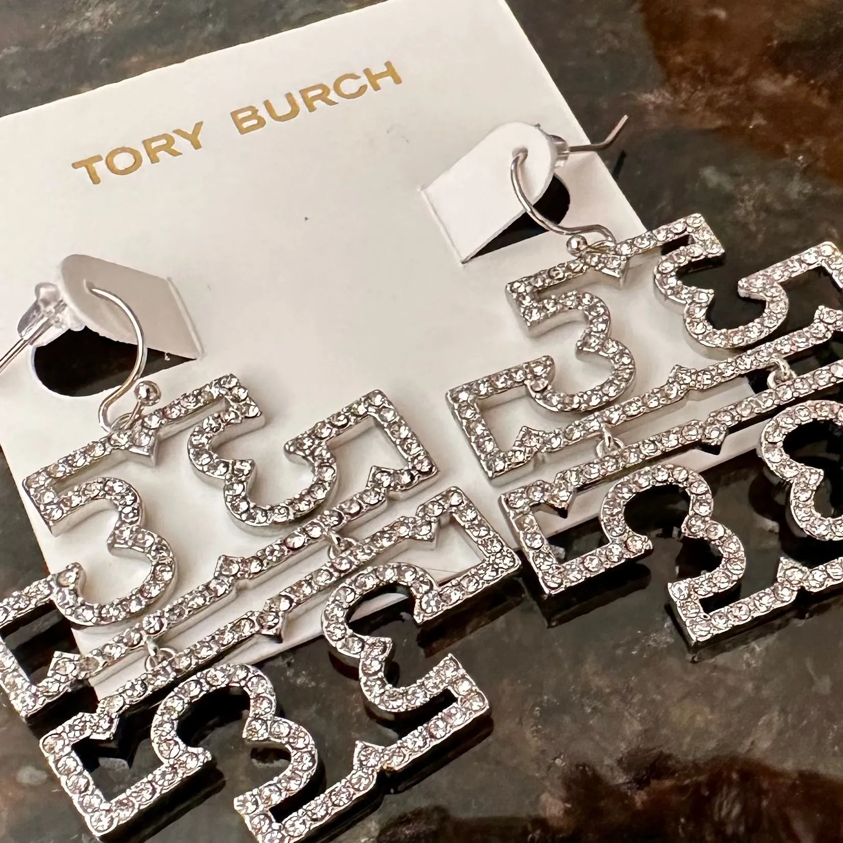 Product image for NEW Tory Burch Womens Britten Pave Logo Drop Earrings Silver with TB Dustbag