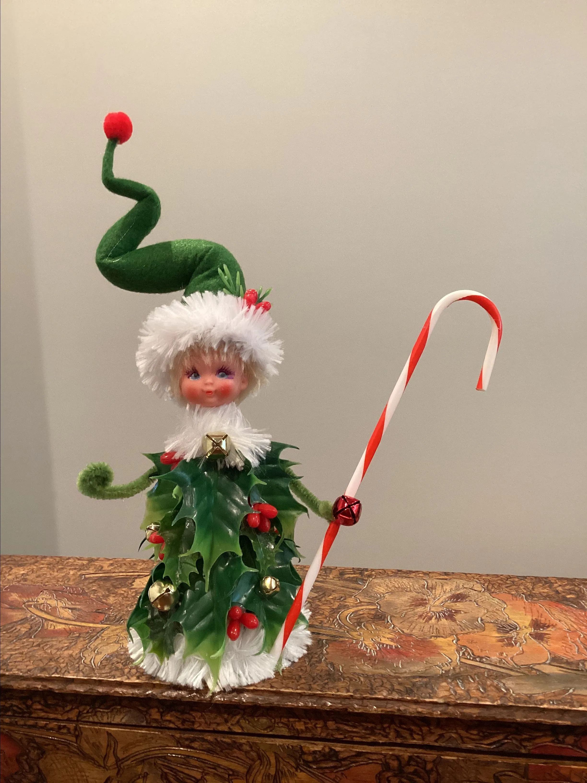 Product image for 48.  Handmade vintage Holly leaf cone doll with vintage doll head