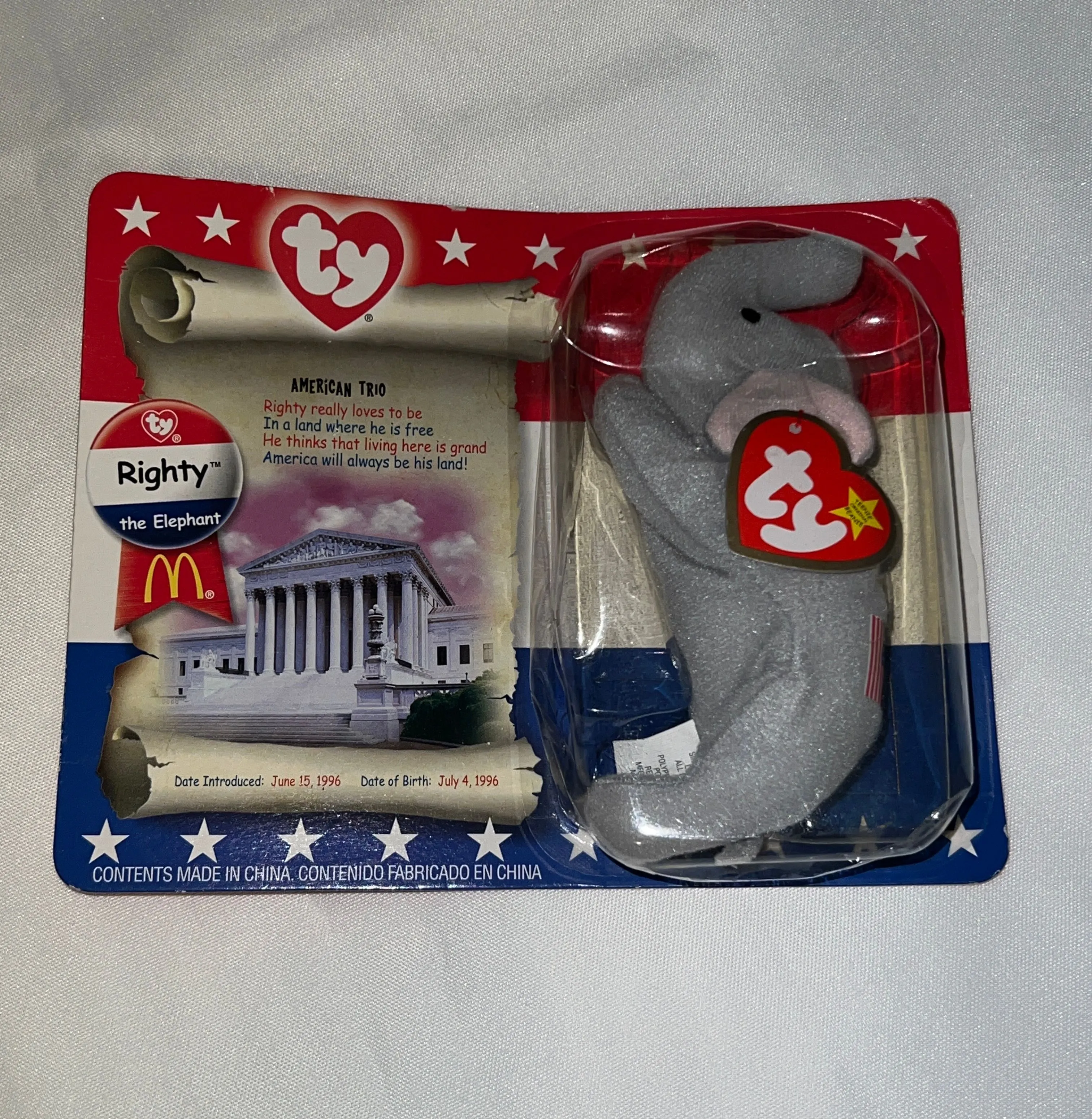 Product image for #4 TY Beanie Baby Righty The Elephant 1996 New in Package TAG ERRORS RARE