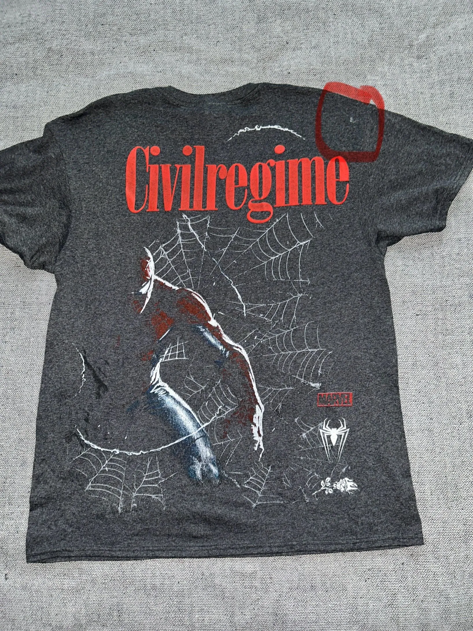 Product image for New Civil Regime x Spider-Man Tshirt. Size Large (some paint marks)