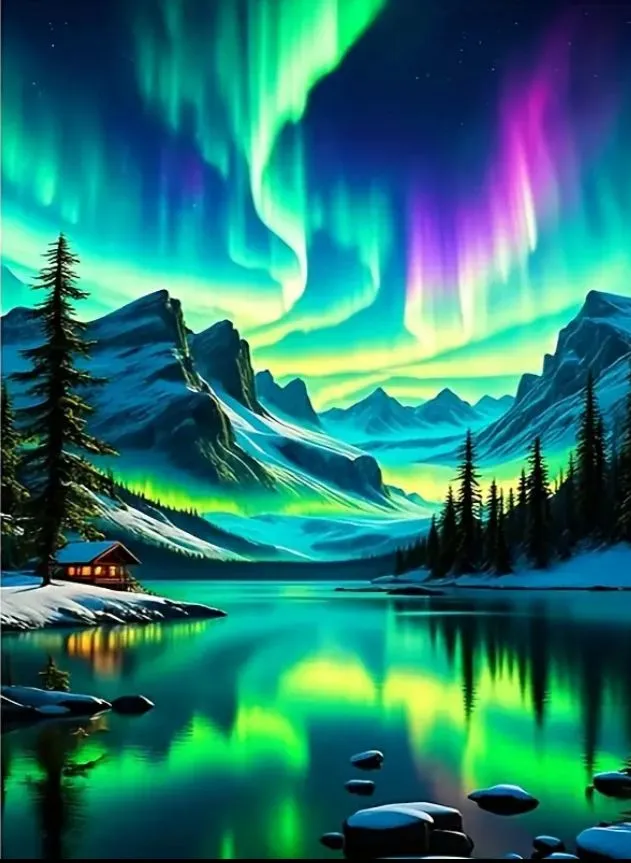 Product image for #131 Aurora Borealis over Mountains and Lake Diamond Art Painting Kit 30cm x 40cm