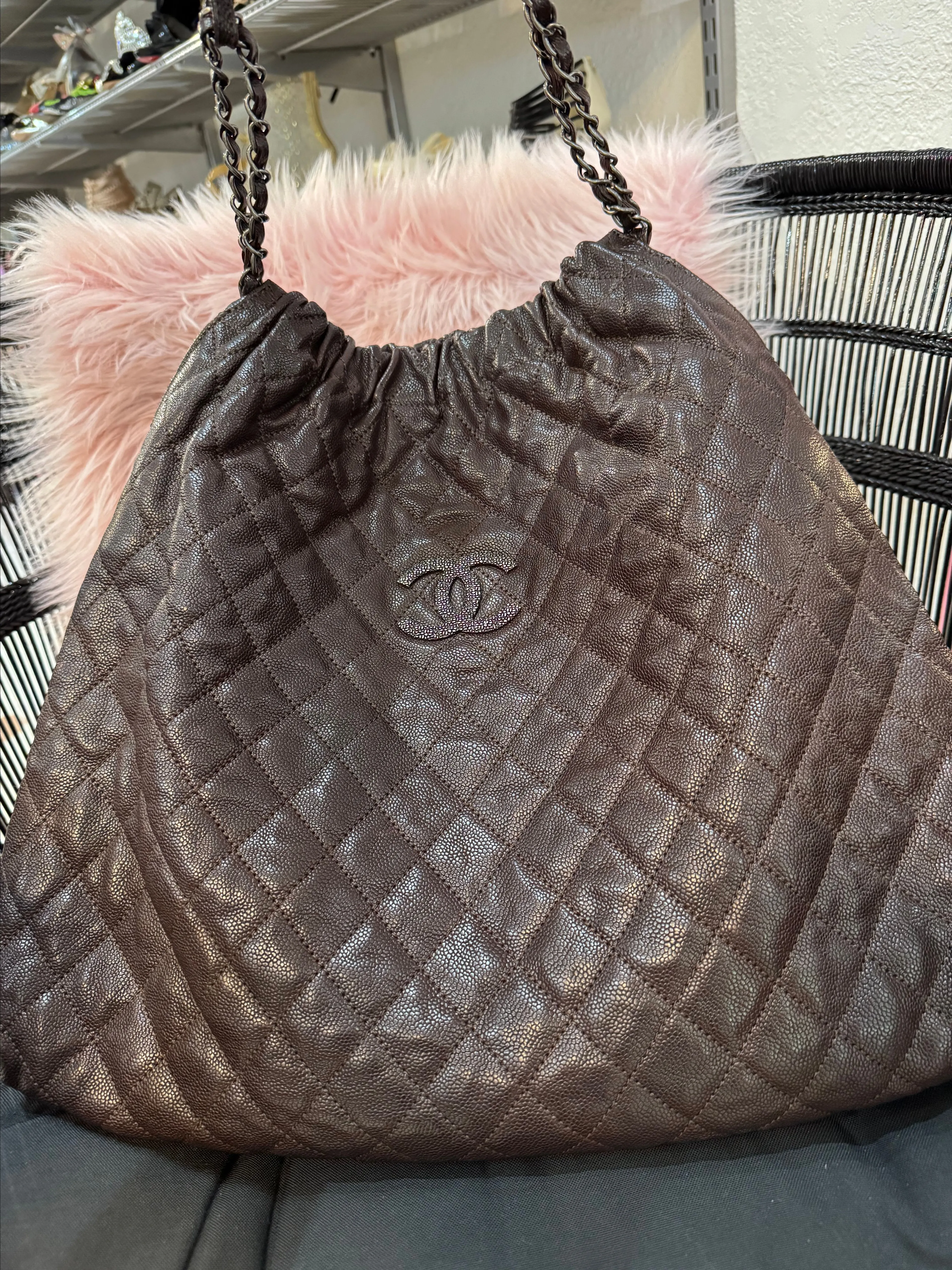 Product image for 53. Chanel Dark Brown Quilted Caviar Hobo Bag