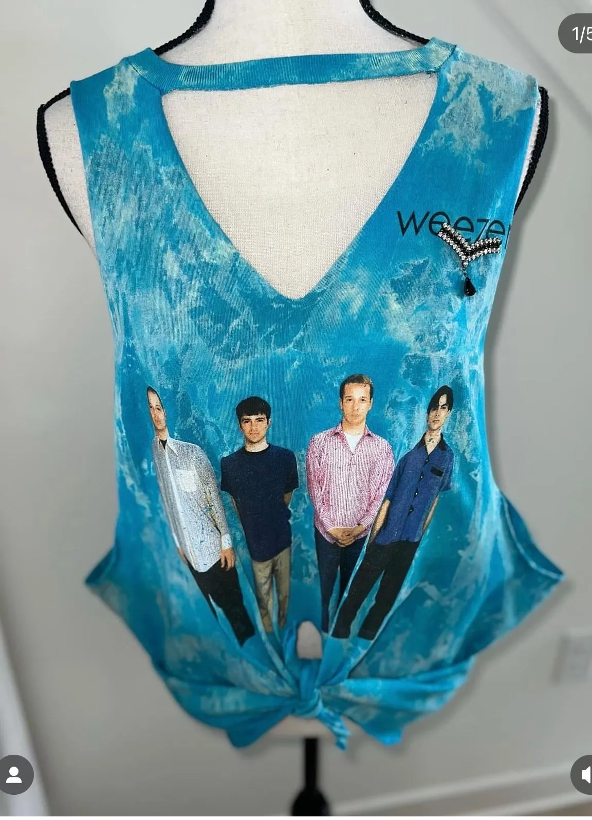 Product image for Upcycled Bleach Dyed Weezer Tank Top with Vintage Rhinestone Accent