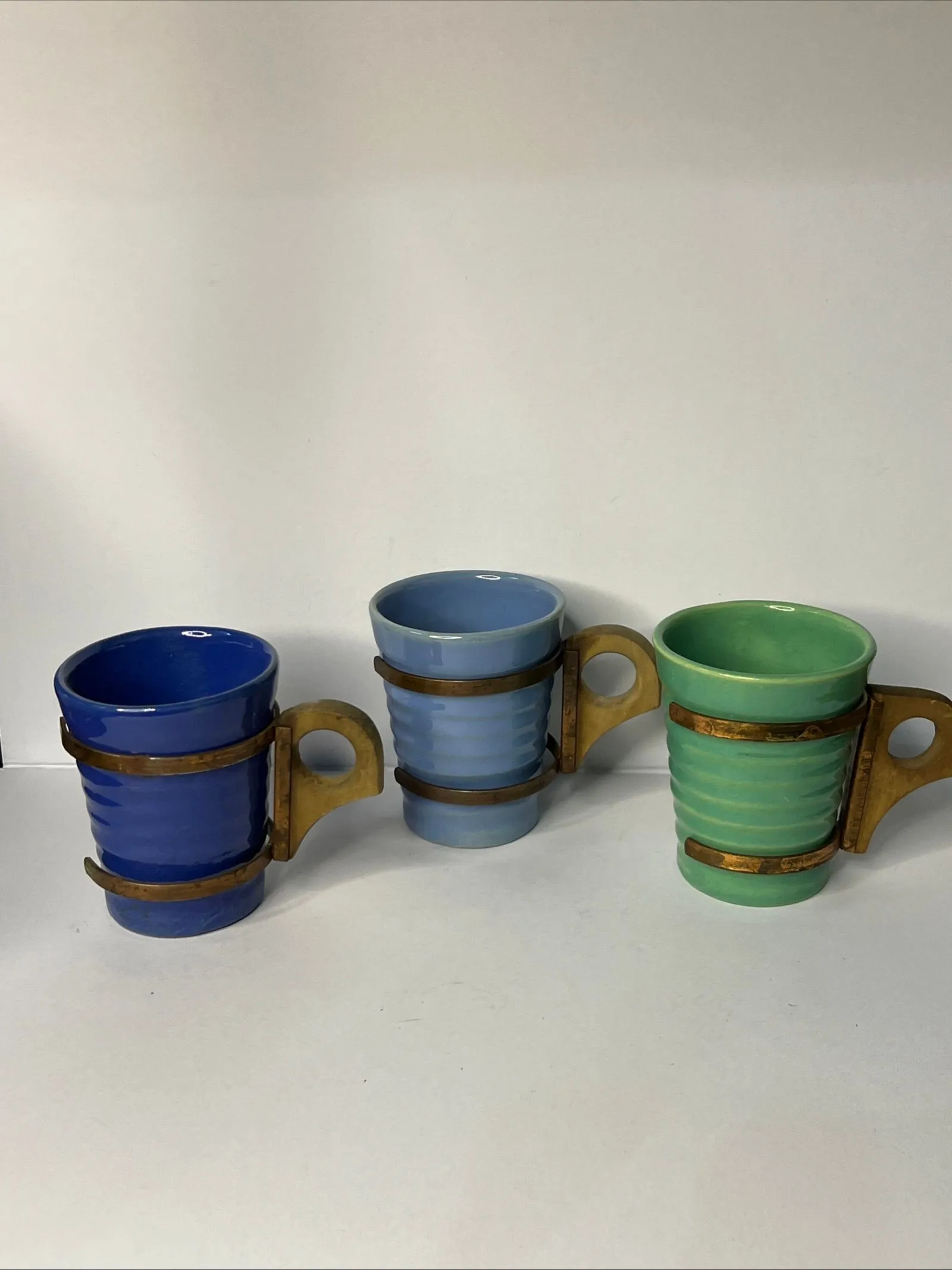 Product image for Vintage BAUER Pottery Ringware 6 oz tumblers w/ wood & copper handles Set of 3