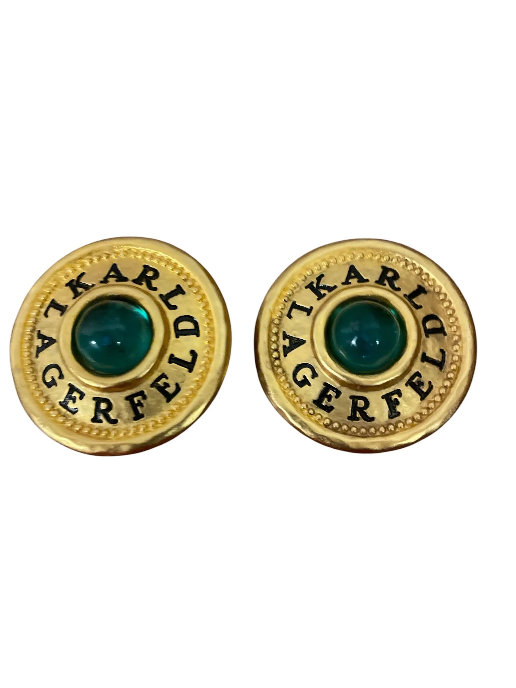 Product image for Vintage Karl Lagerfeld Iconic Logo Earing With Emerald stone, Vintage Circle Button Logo Earrin