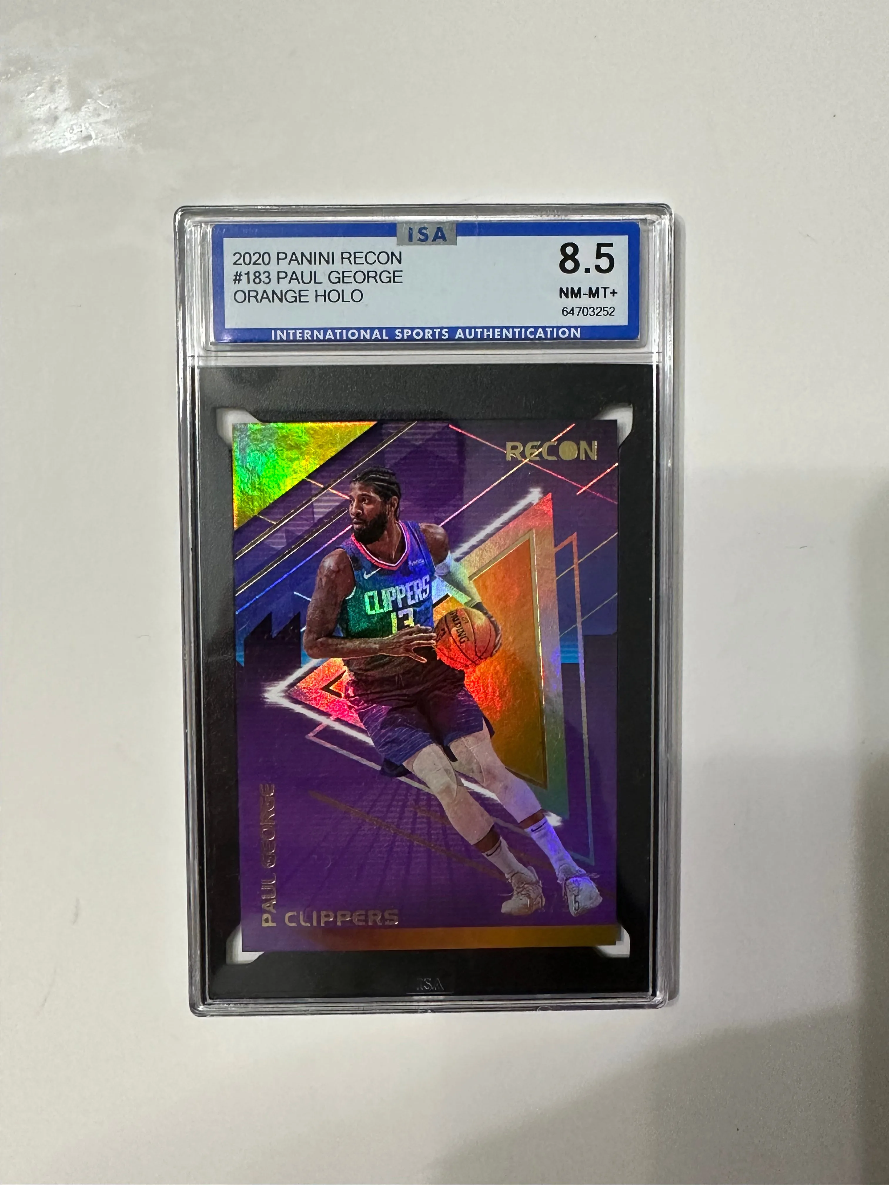 Product image for Paul George /25 Graded ISA Mint 8.5 #d 76ers Clippers Panini Recon Orange Holo