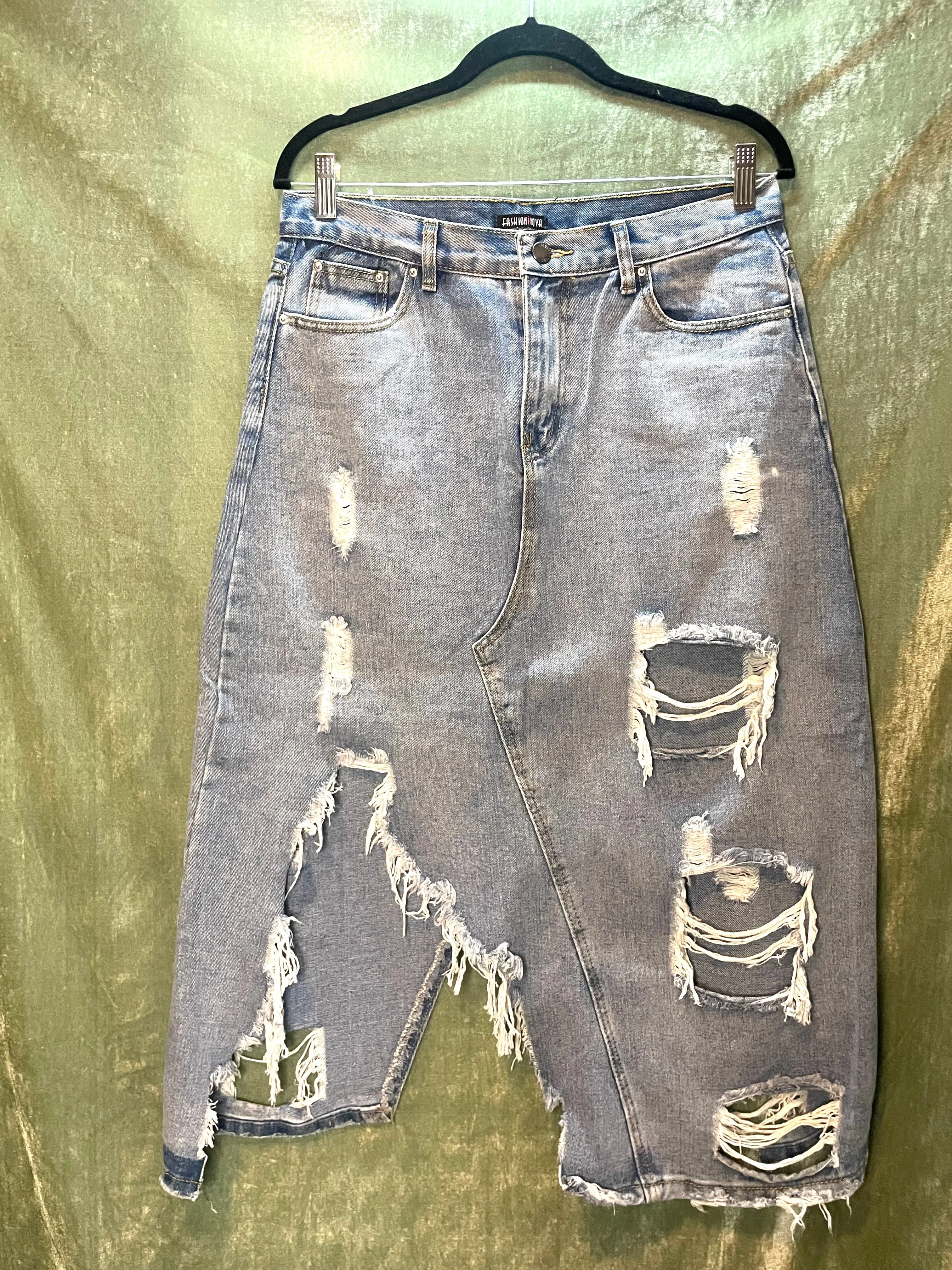 Product image for Fashion Nova, Distressed Denim Maxi Skirt, Sz XL, #A39