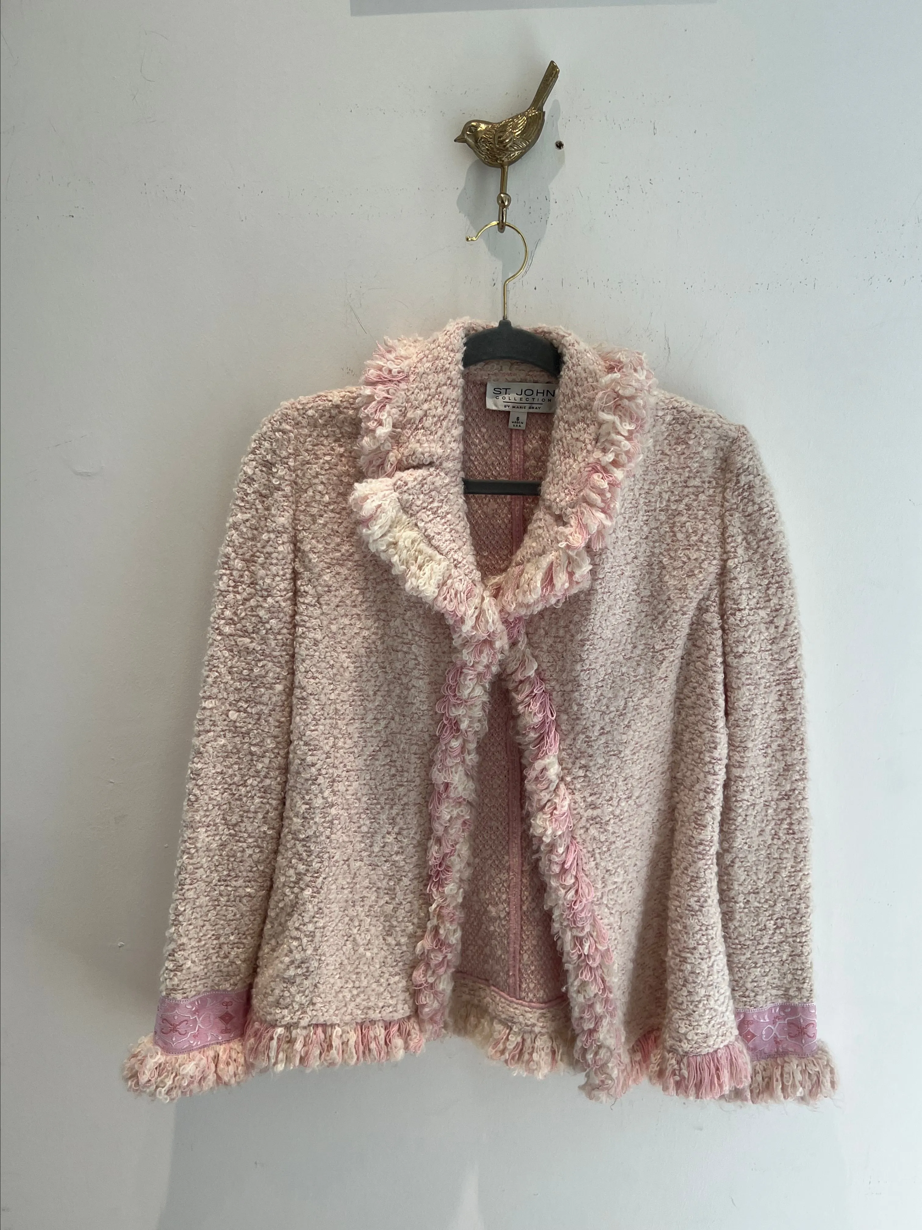 Product image for St. John Knit Pink Boucle Tweed Jacket with Fringe