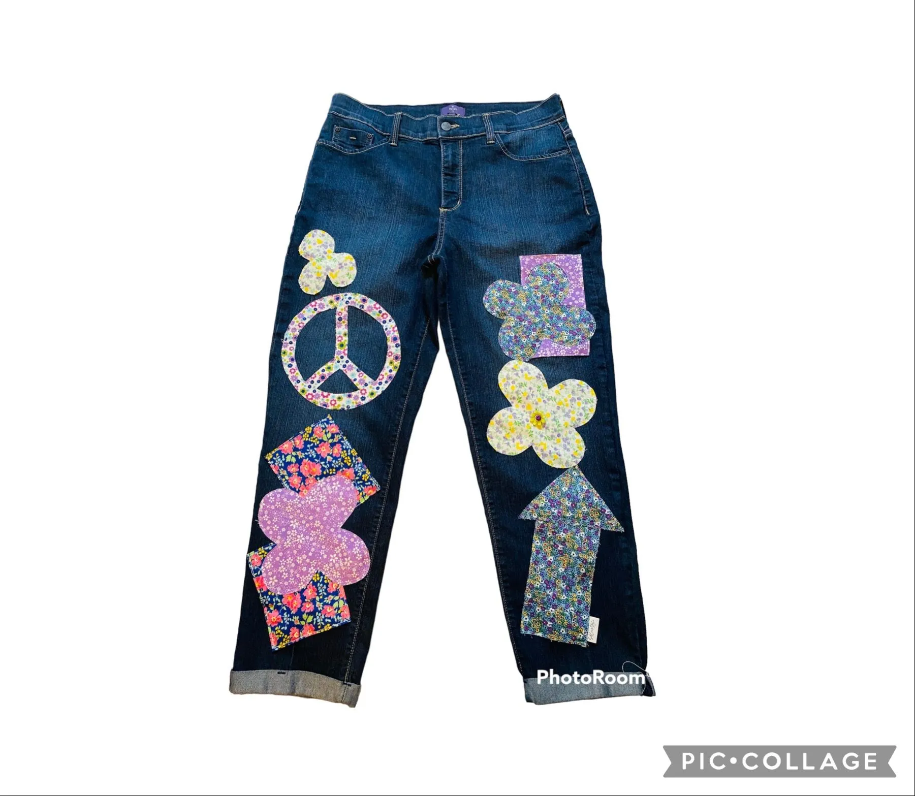 Product image for Upcycled Patchwork Peace Sign Jeans