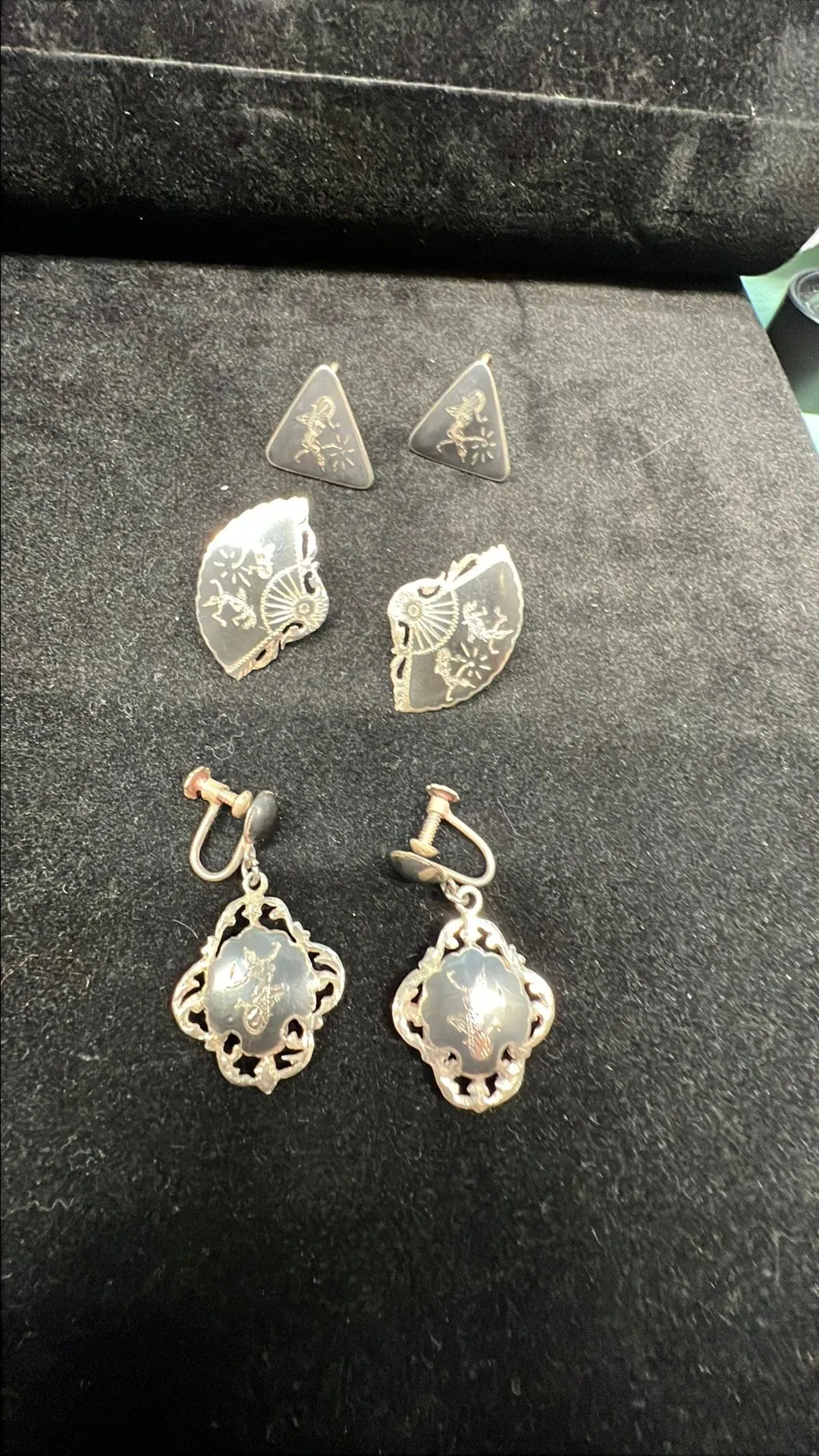 Product image for #011 Vintage Siam Sterling Silver Niello Earrings – Set of 3 Pairs, Screw-Back Style